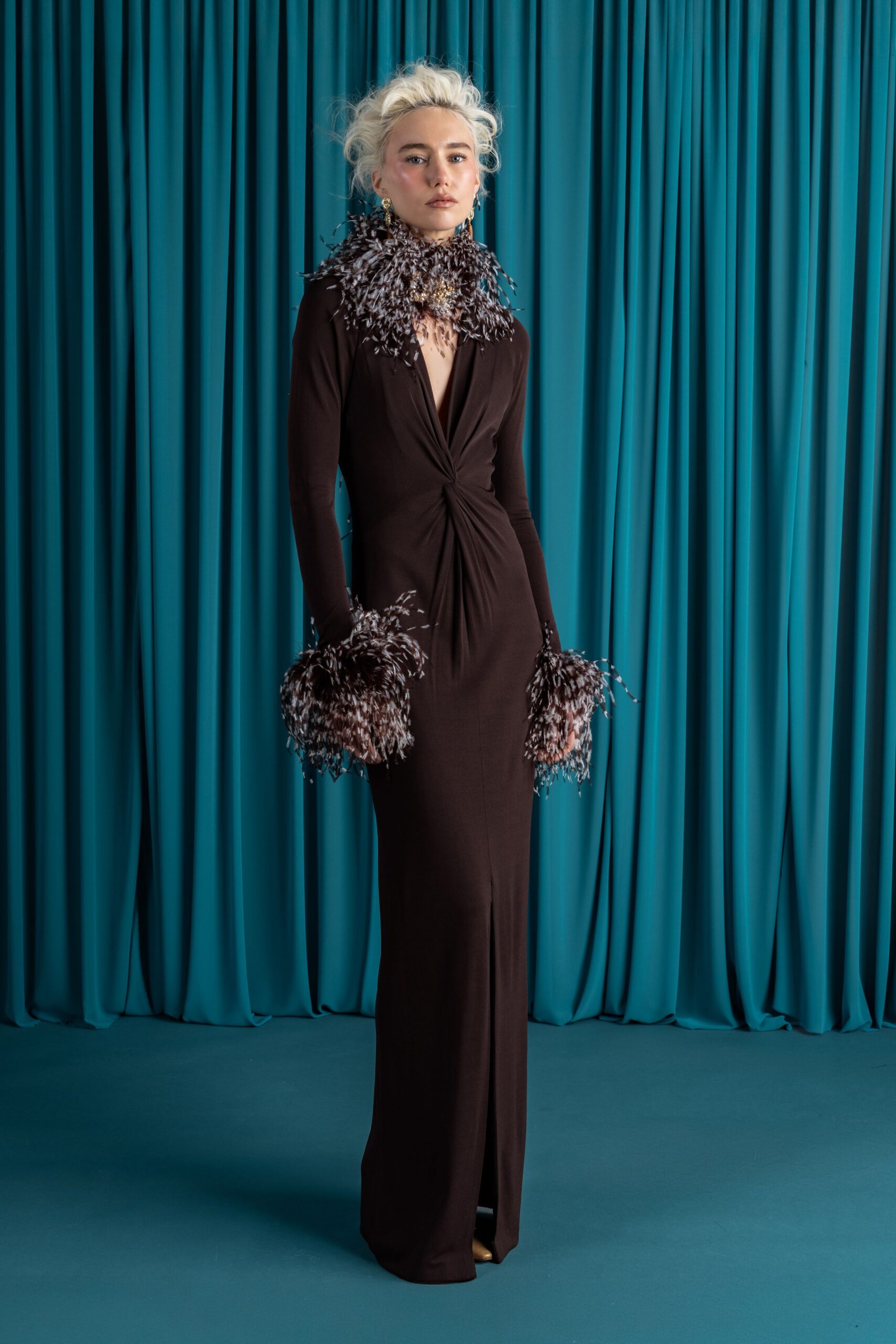 brown fitted gown with embellishments