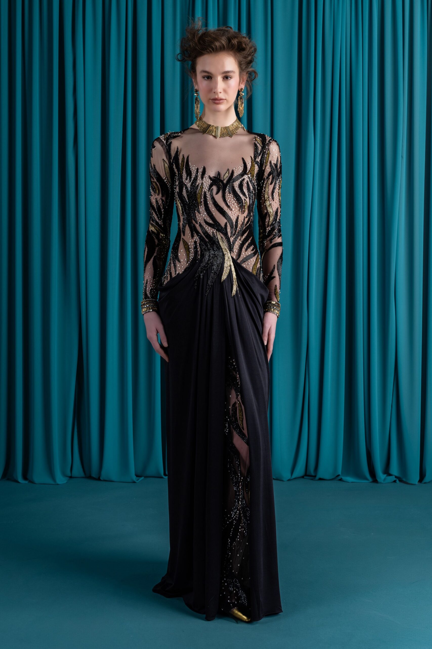 black and gold sequined gown