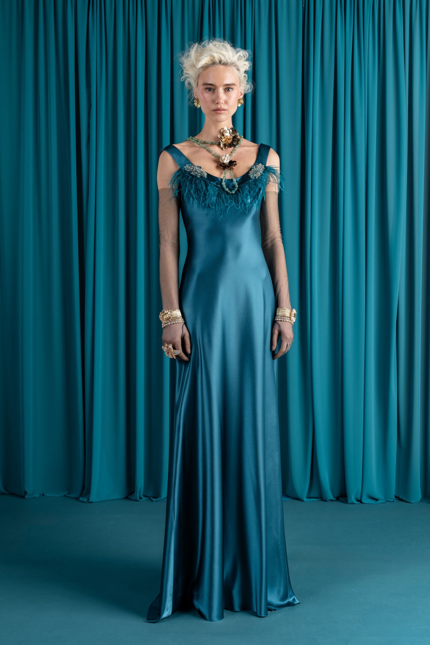 blue silk fitted gown