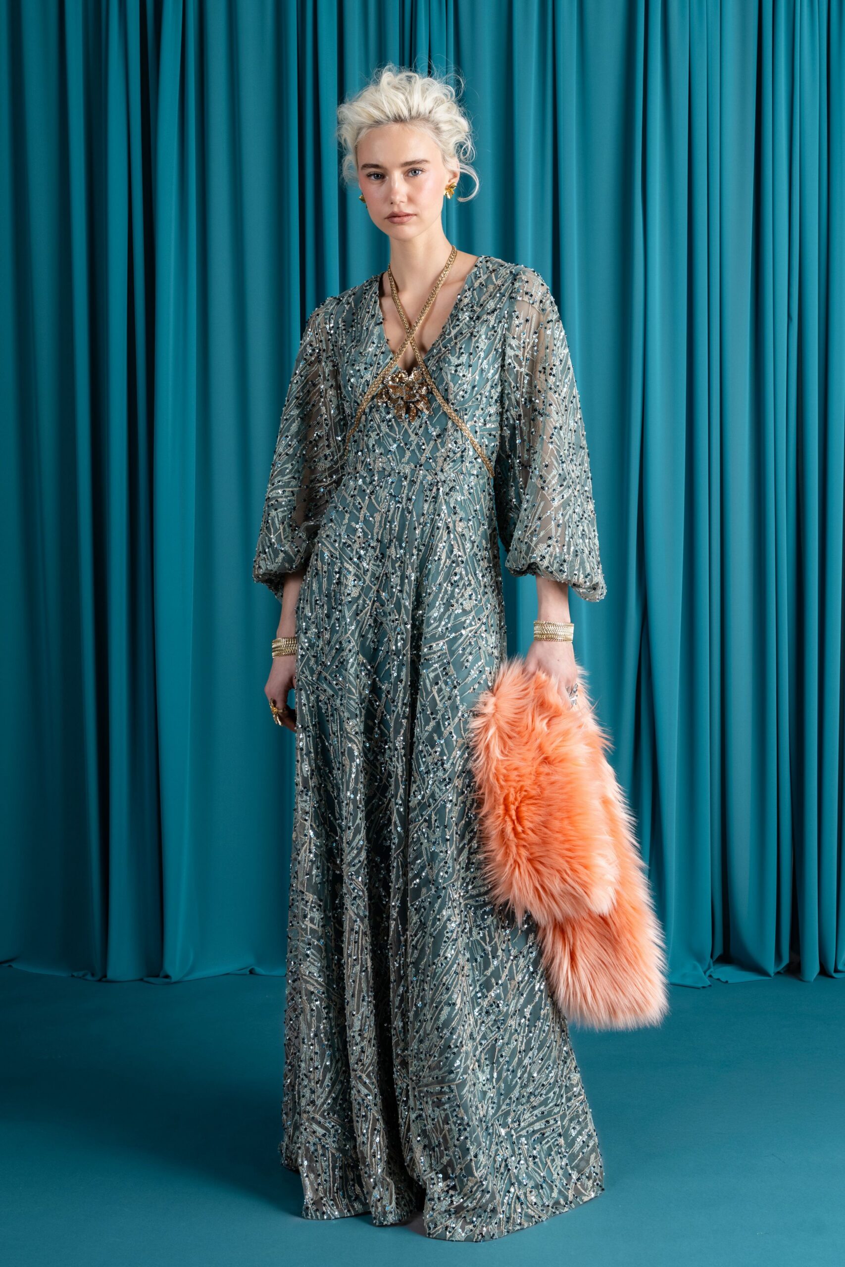blue silk long-sleeve v-neck fitted sequined layered gown