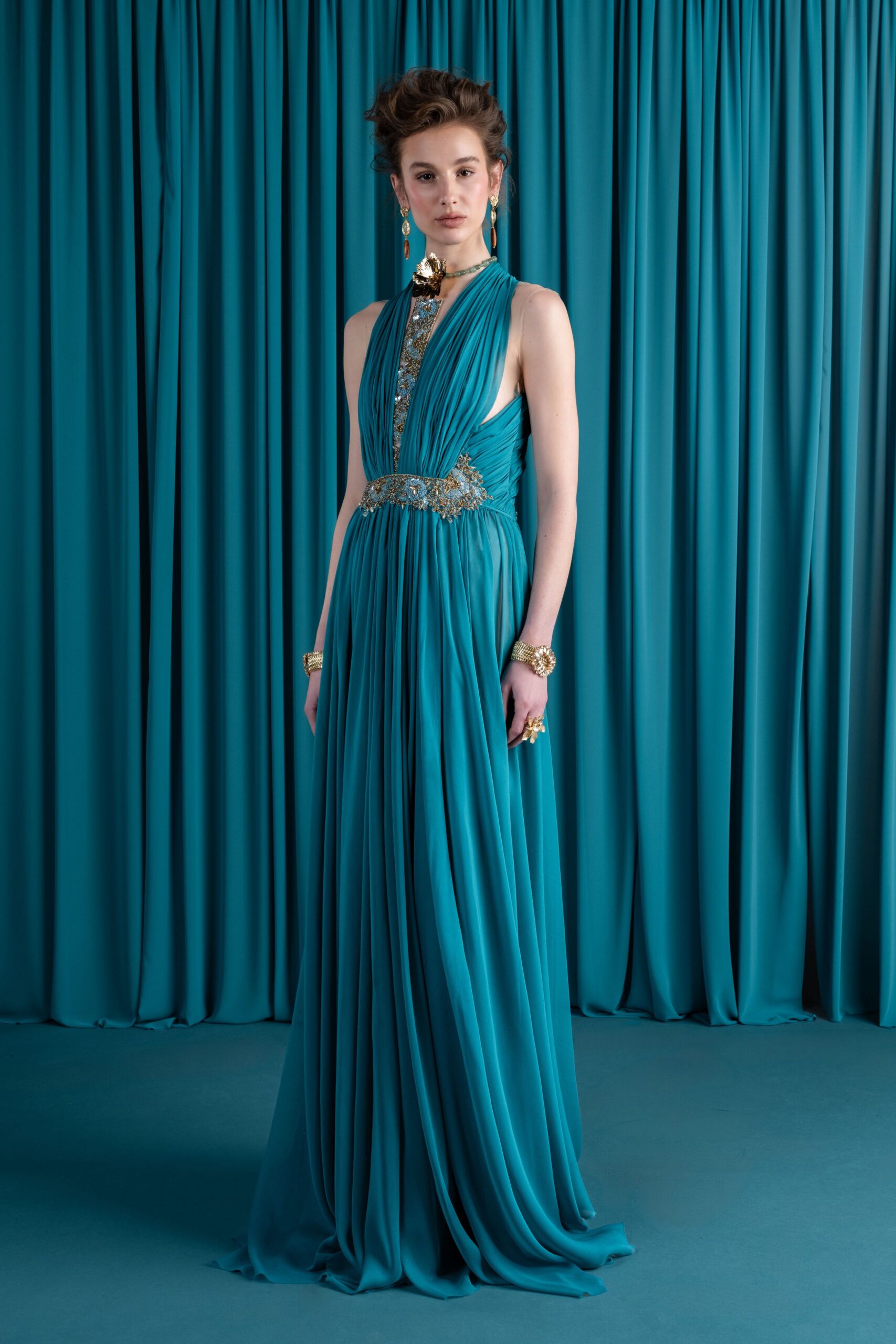 teal silk sleeveless gown