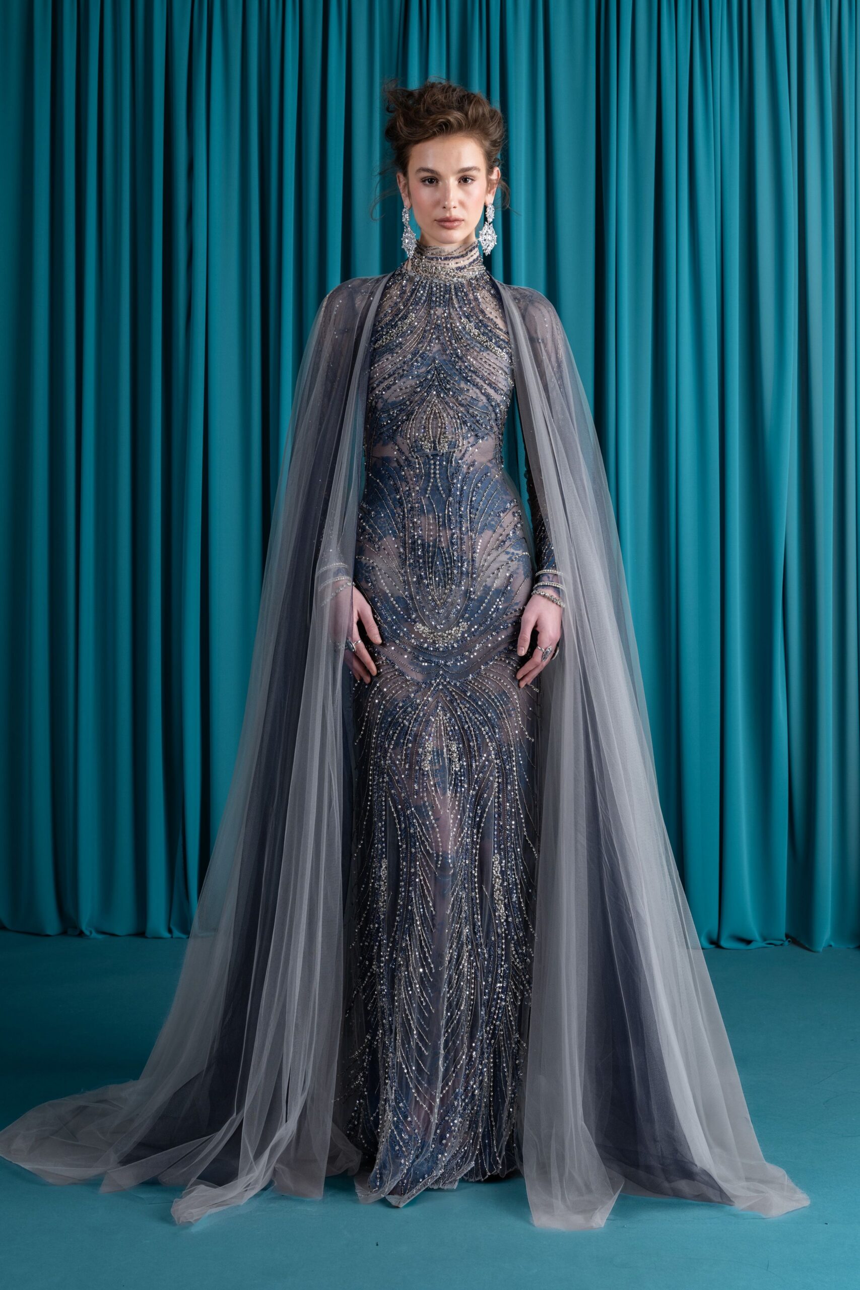 gray tulle oversized layered flowing cape