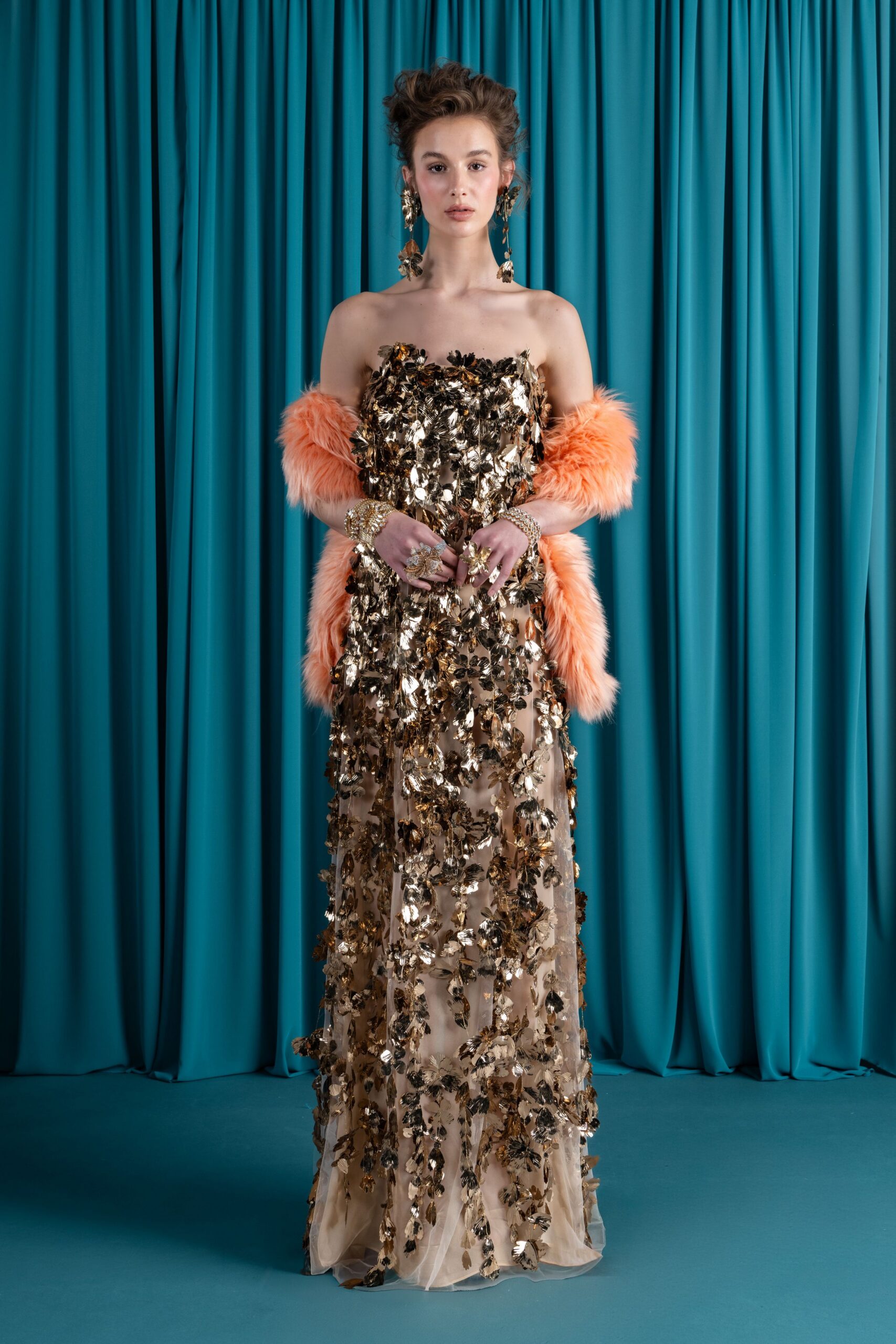 beige sequin strapless fitted embellished shiny maxi gown