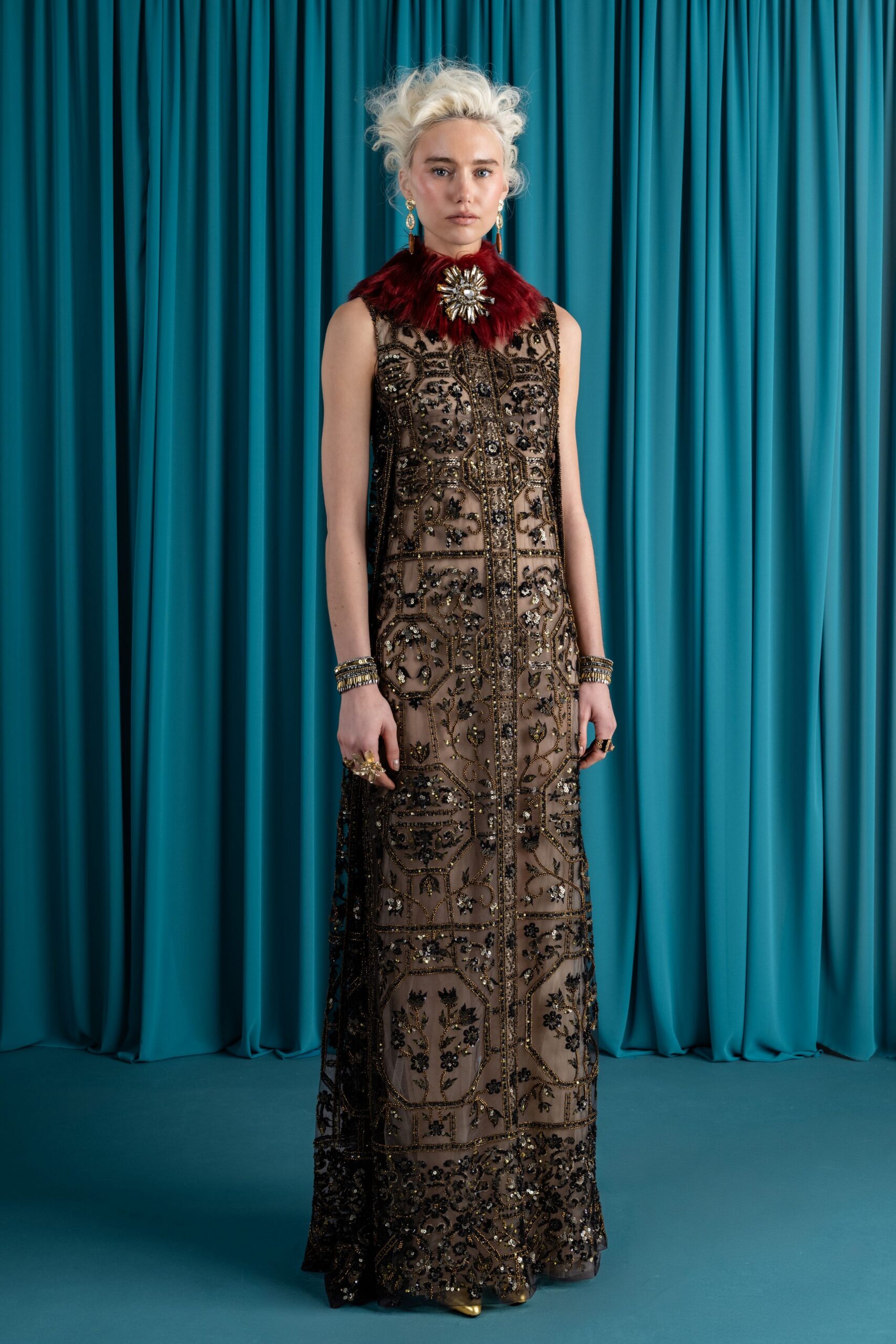 black and gold embroidered gown