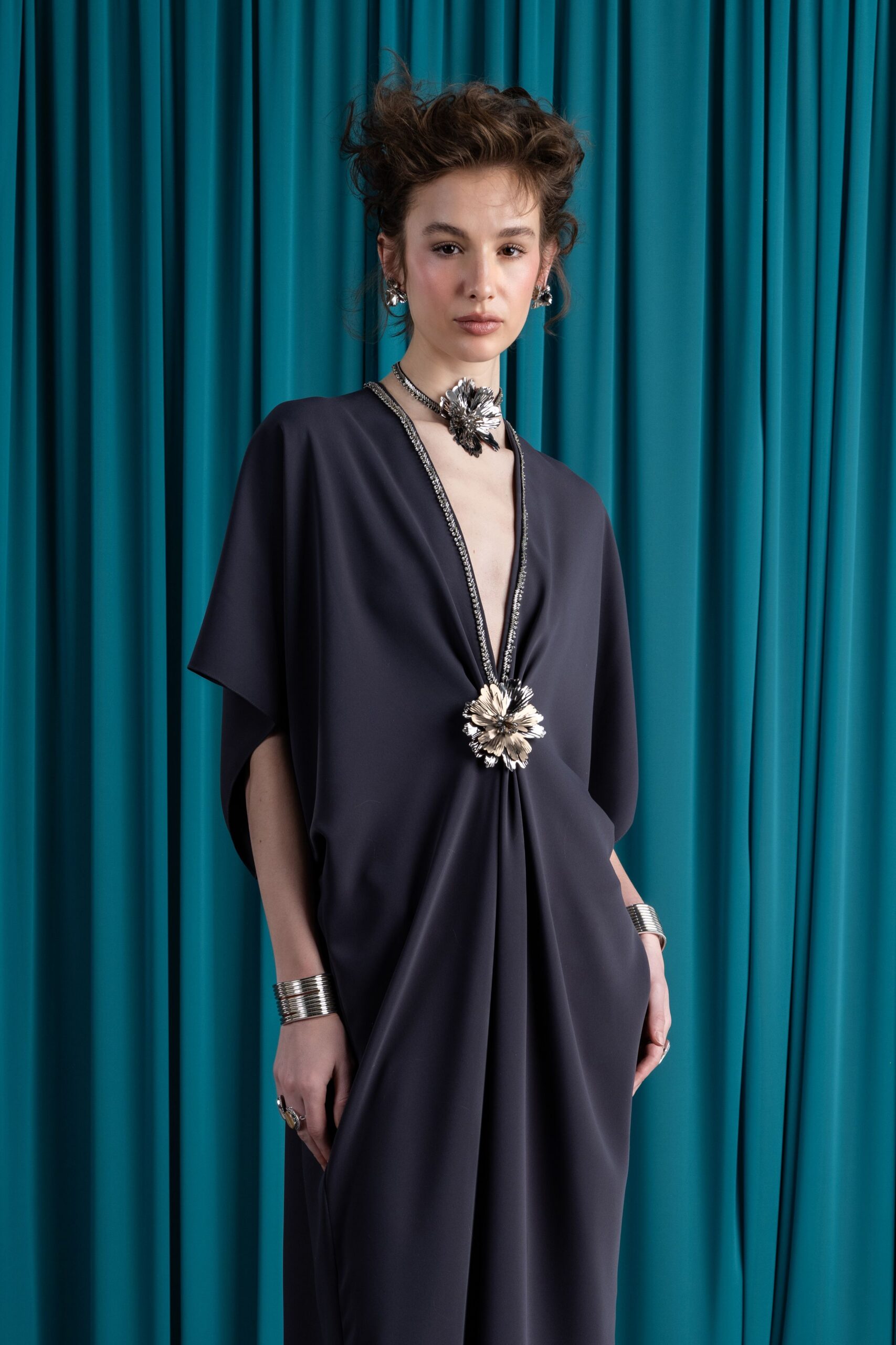 gray silk sleeveless gown