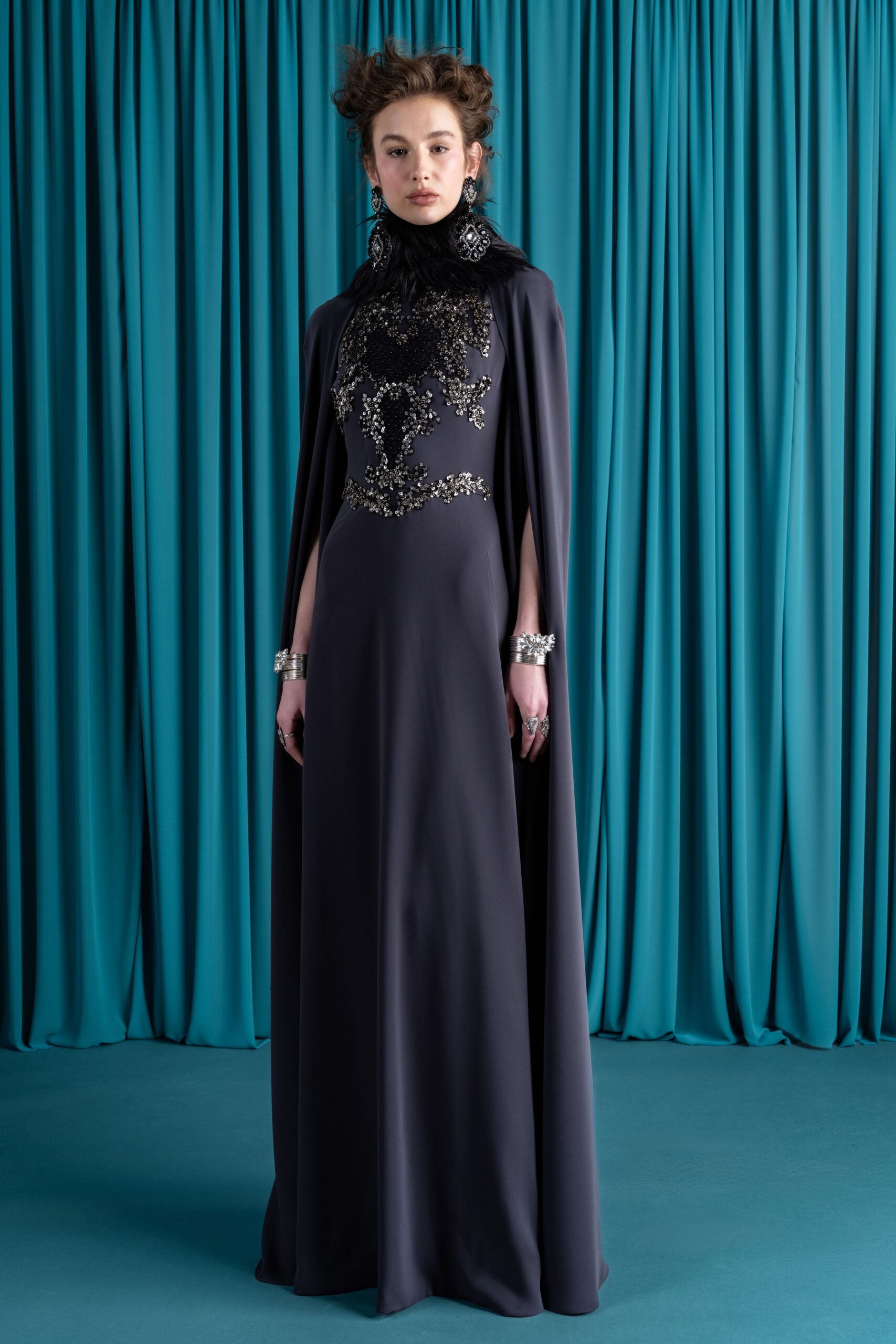 black silk embroidered gown with cape