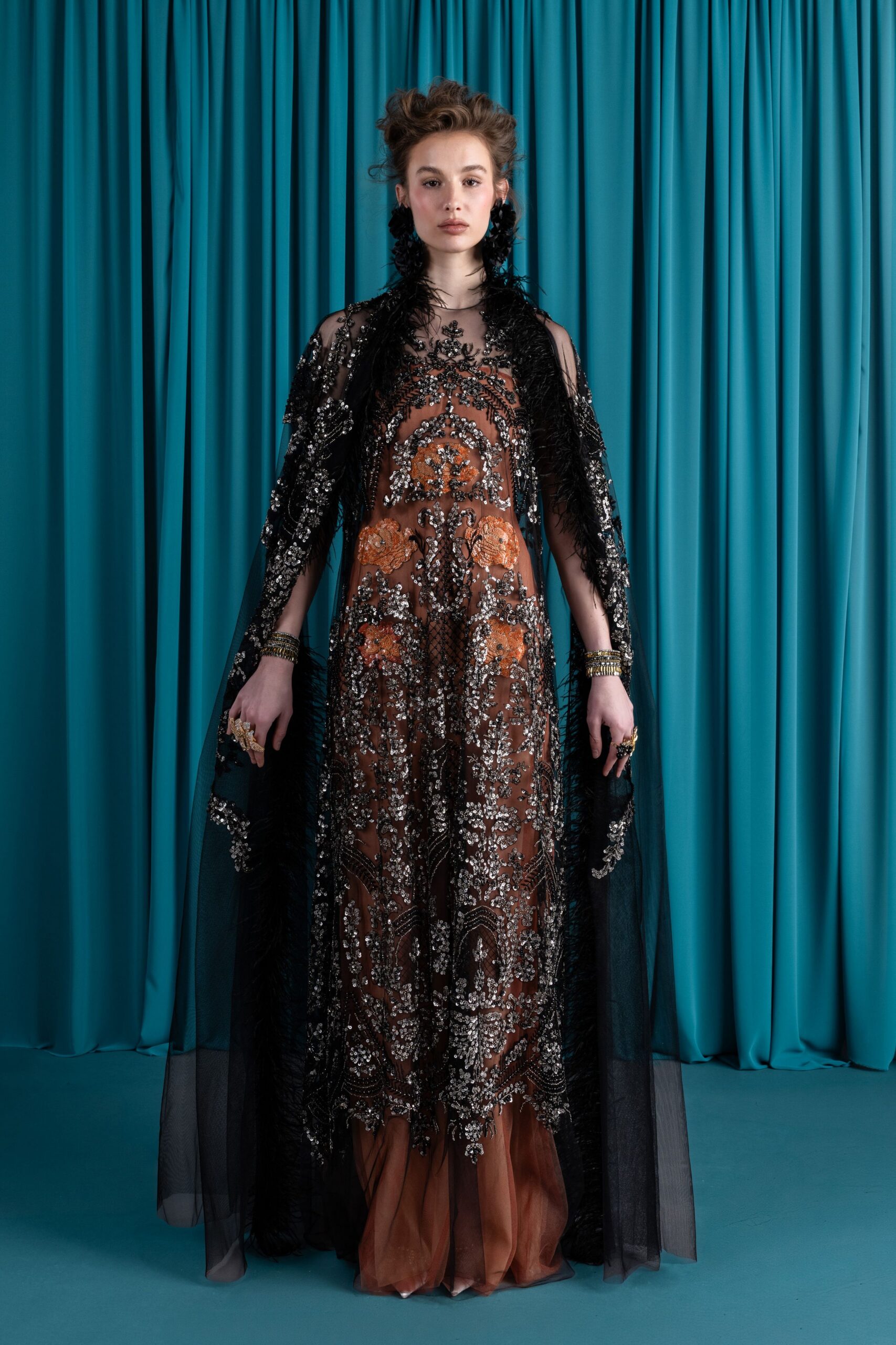 black silk long-sleeve v-neck fitted embroidered layered gown