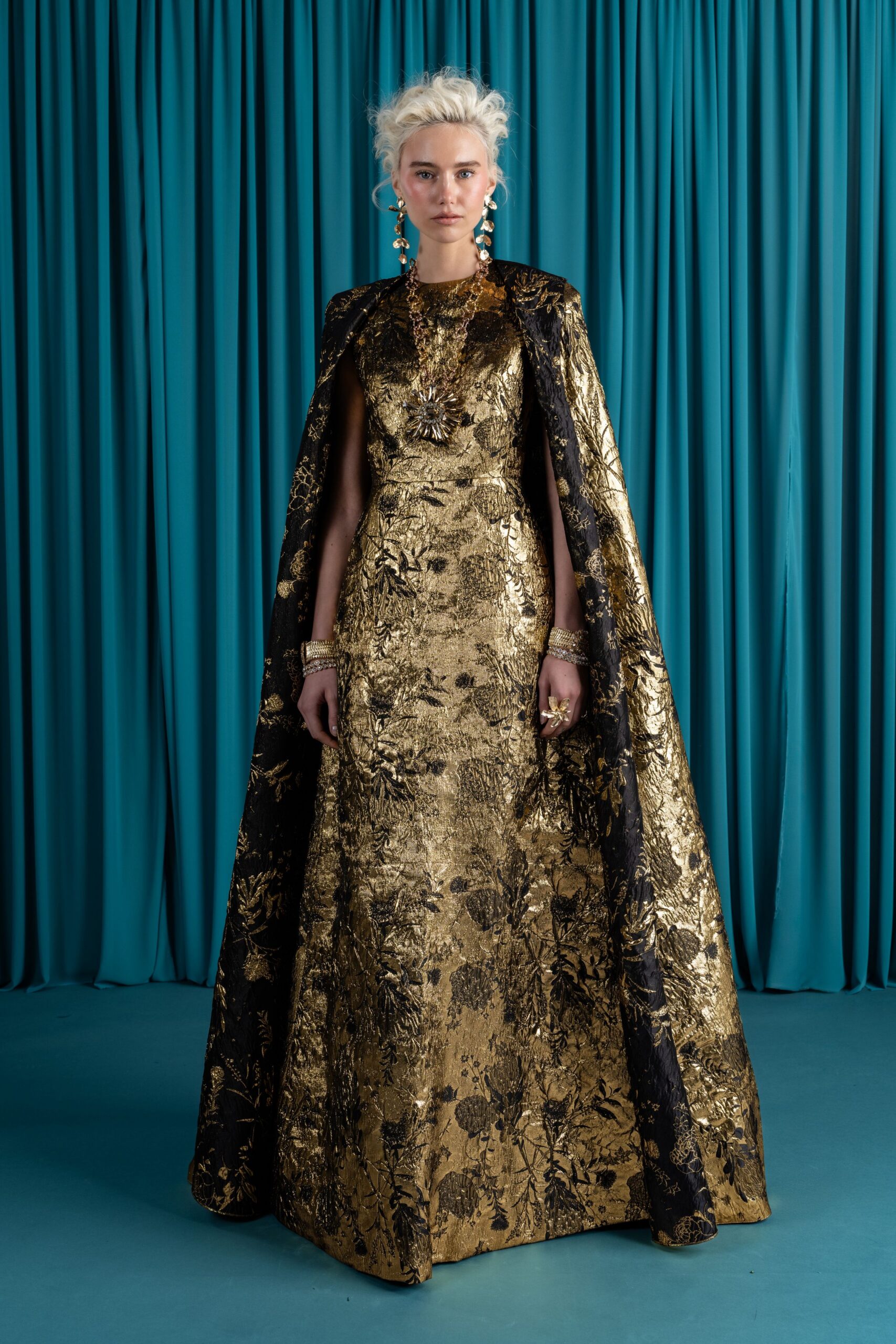gold silk sleeveless high-neck fitted floral embellished gown