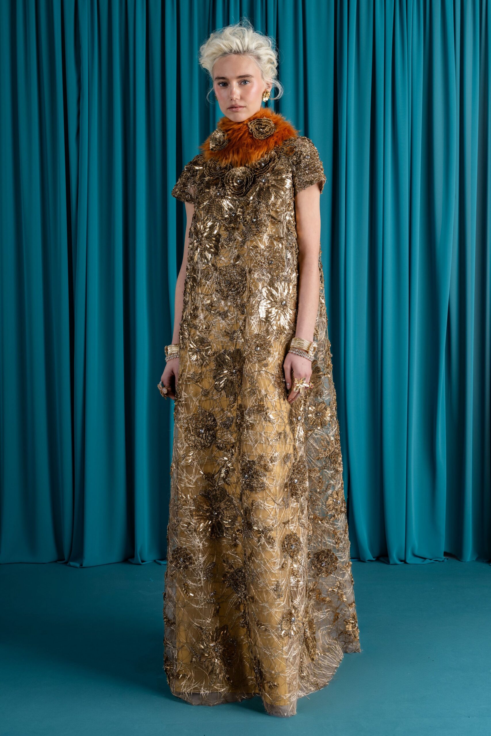 gold silk sleeveless high-neck relaxed embroidered layered gown