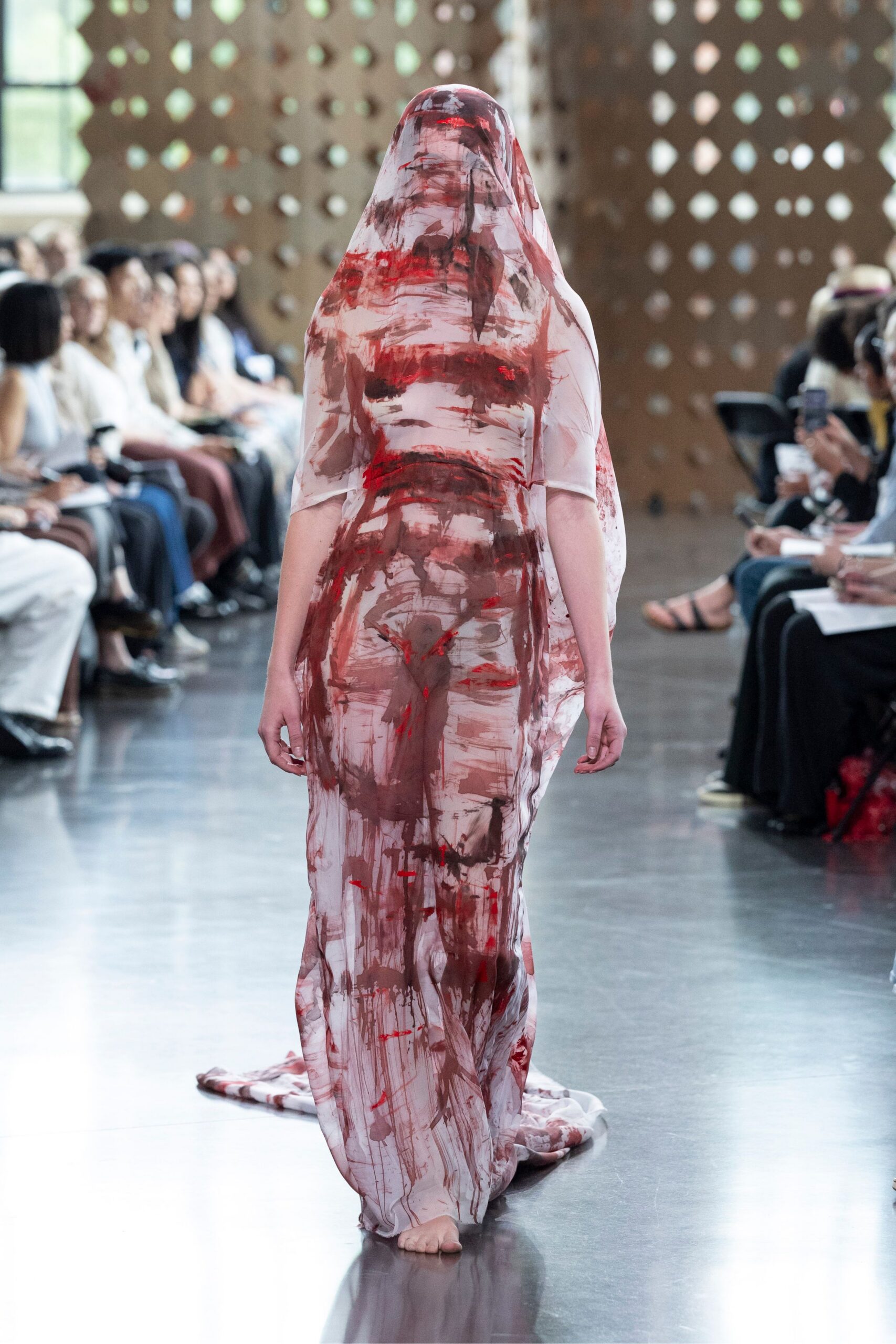 white and red printed sheer gown