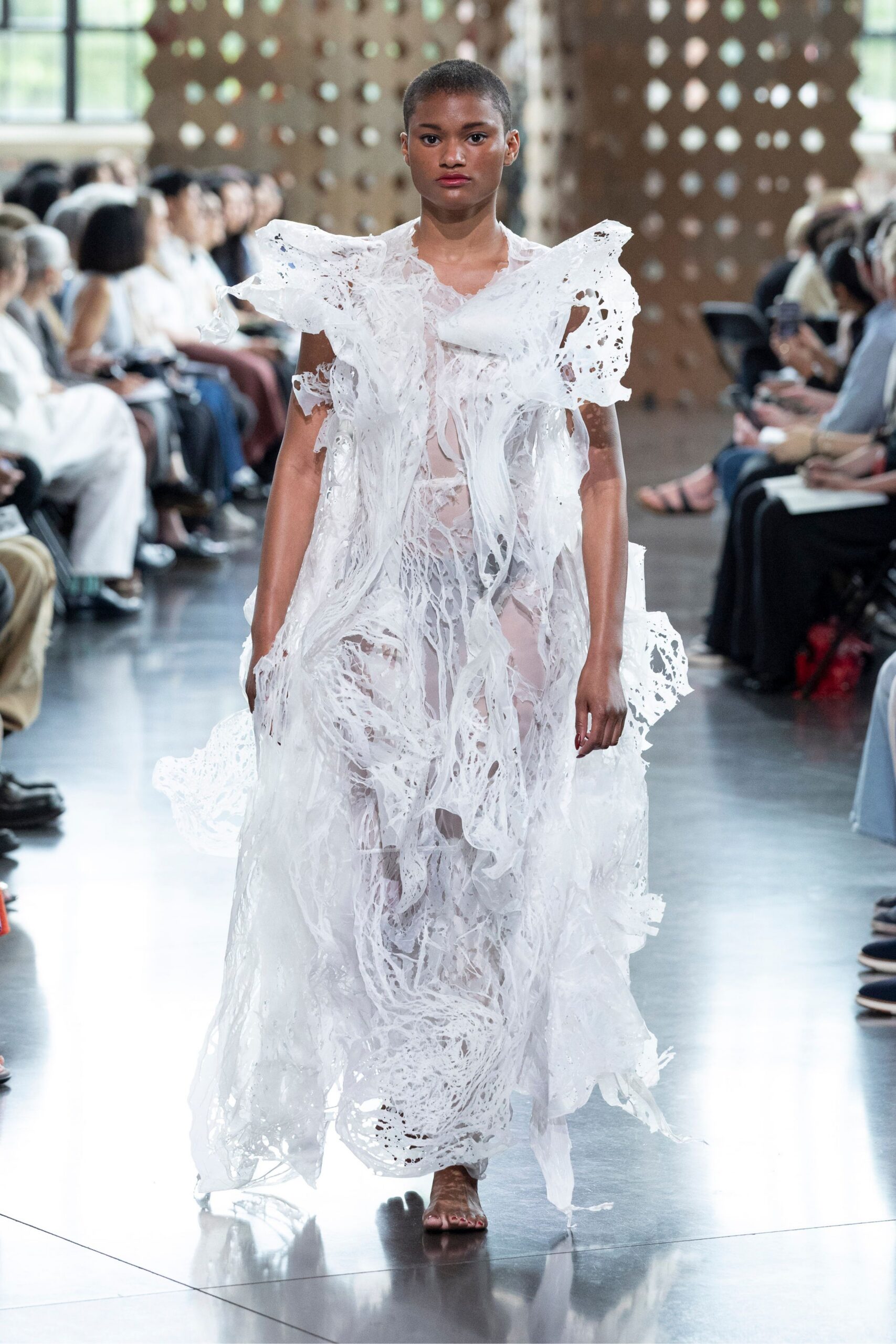 white lace sleeveless v-neck relaxed layered fringed gown
