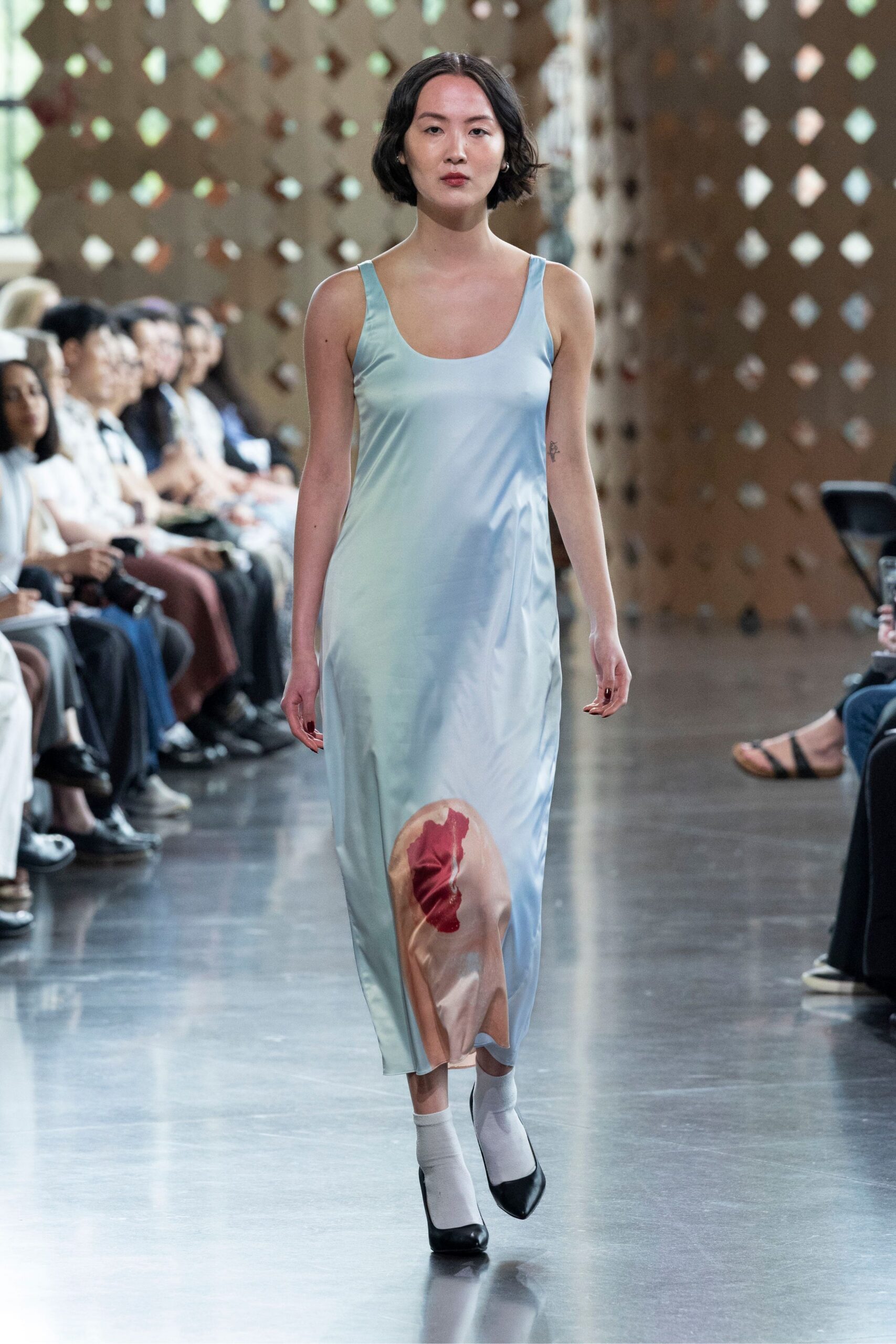 blue silk sleeveless scoop-neck fitted floral draped dress