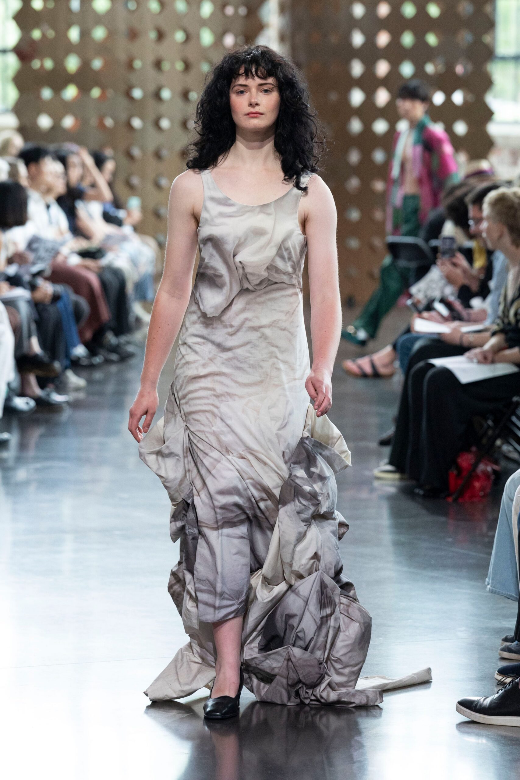 gray silk sleeveless v-neck fitted draped flowing gown
