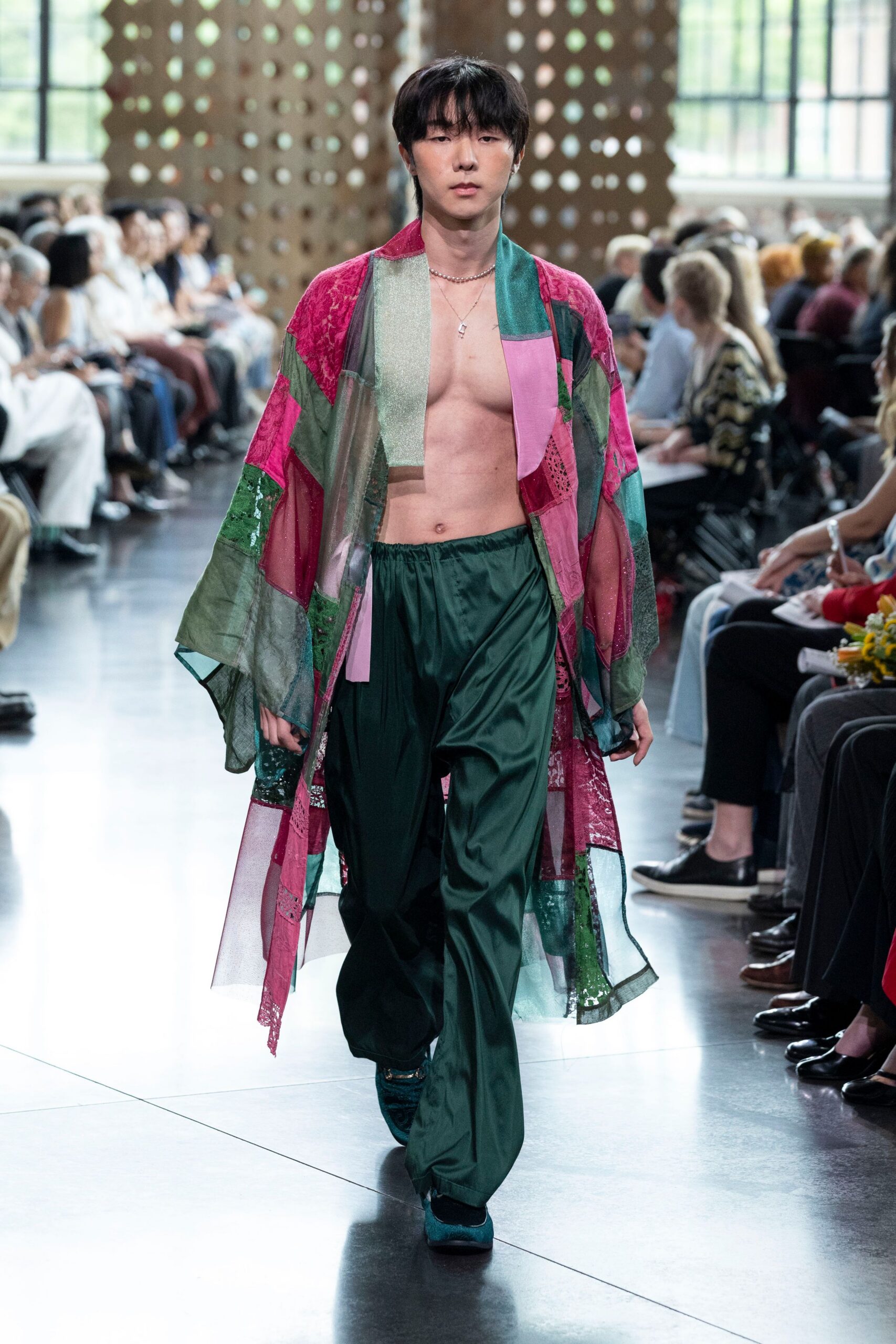 green silk relaxed straight-leg pants