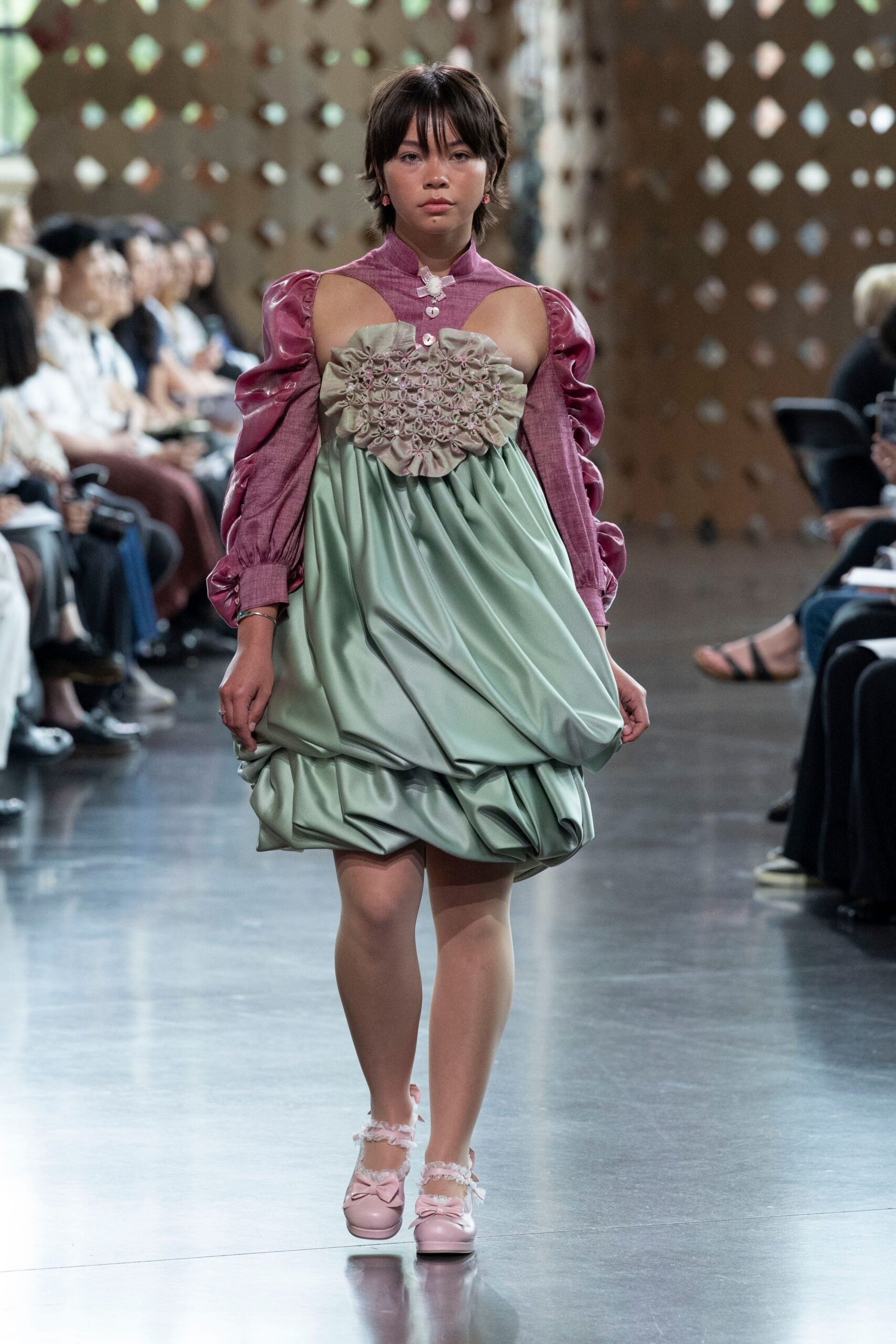 green silk sleeveless high-neck relaxed ruffled embroidered dress