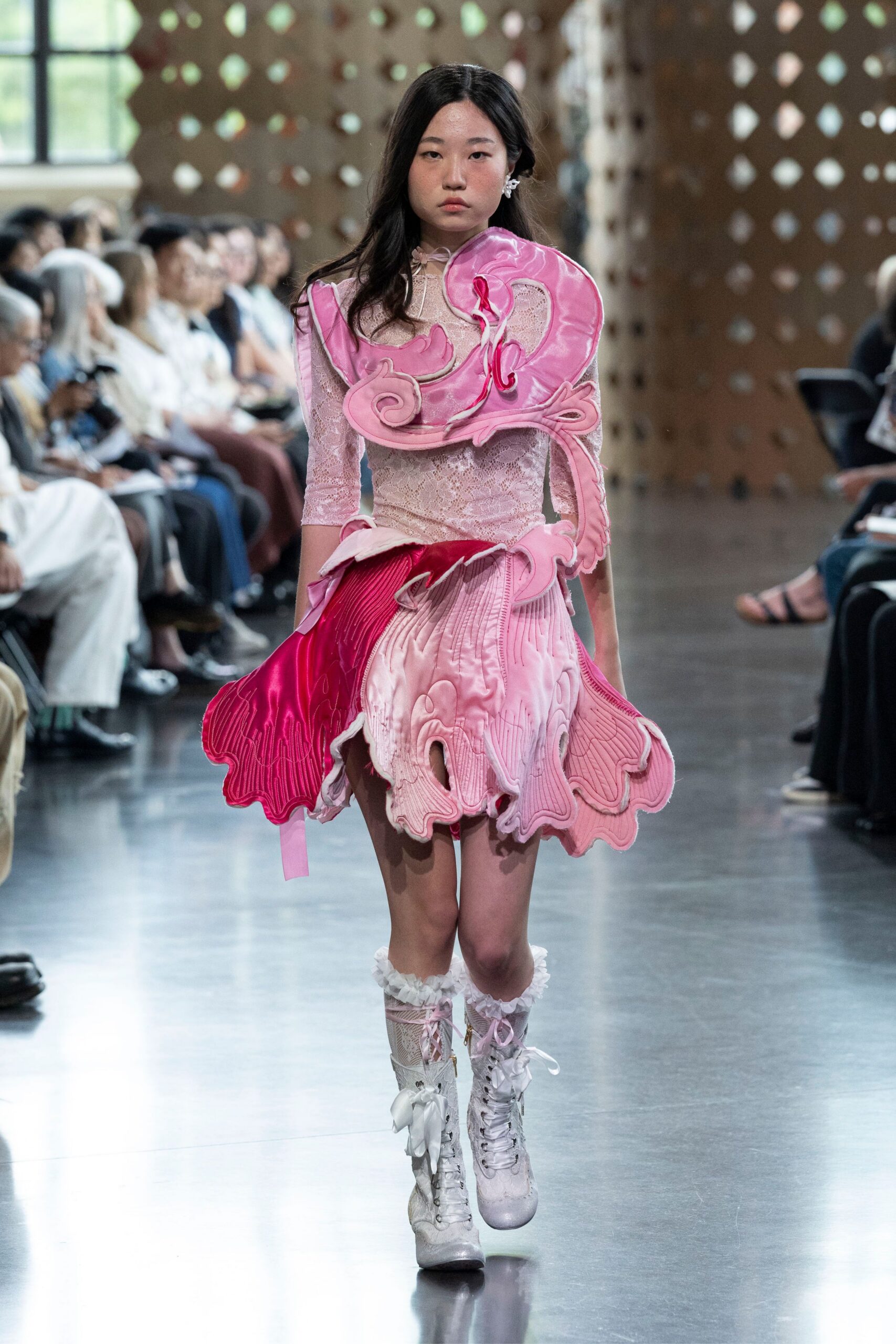 pink silk sleeveless v-neck fitted pleated draped dress