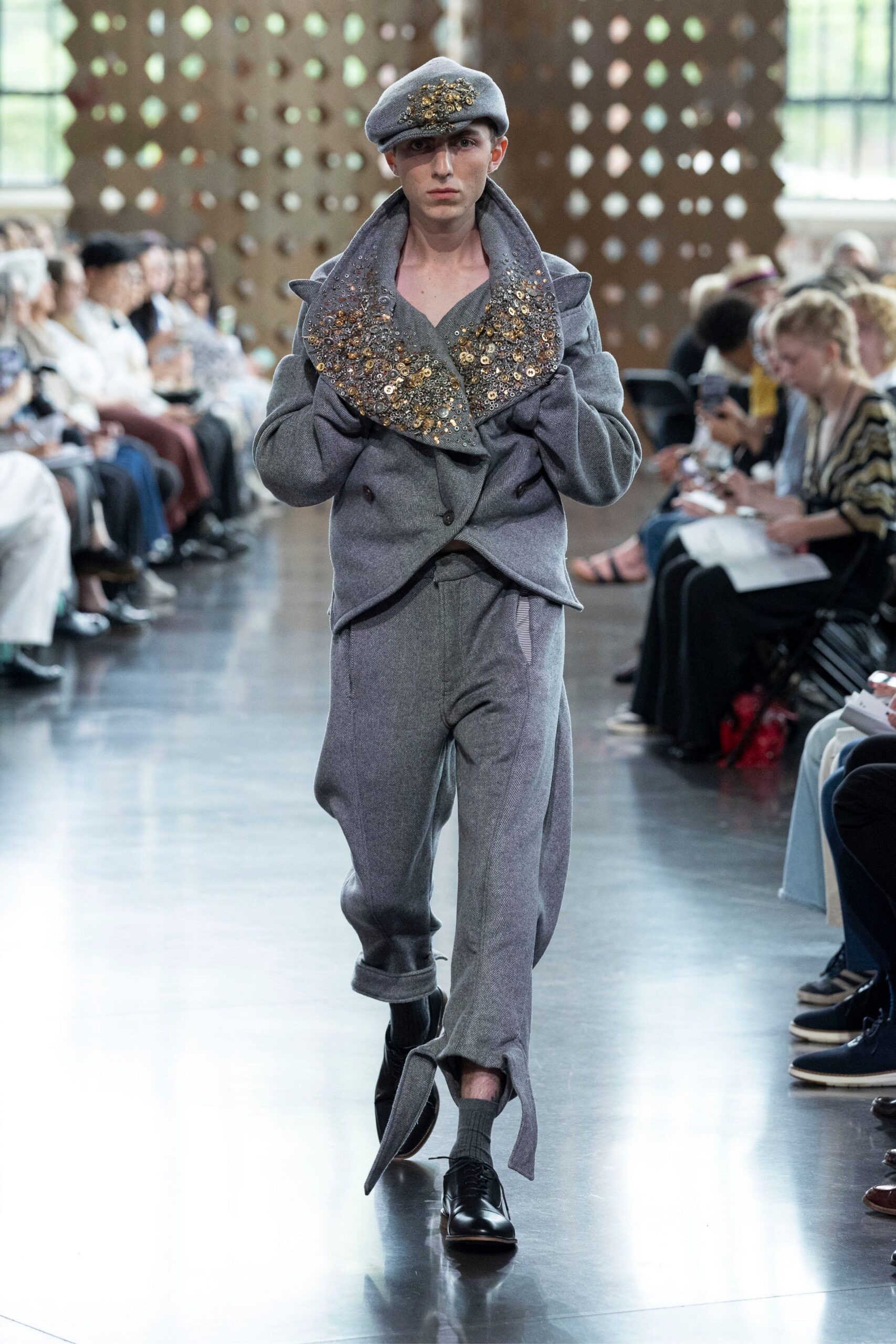 gray wool long-sleeve collared structured embellished jacket