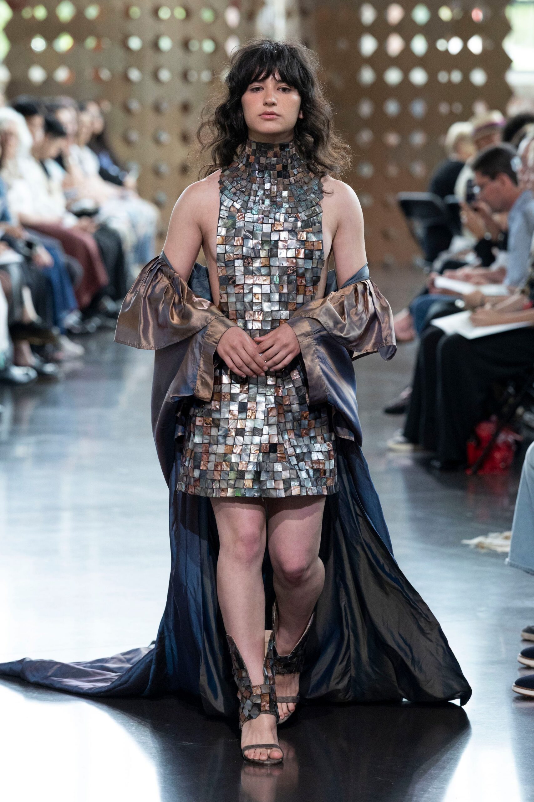 blue silk long-sleeve relaxed draped flowing cape