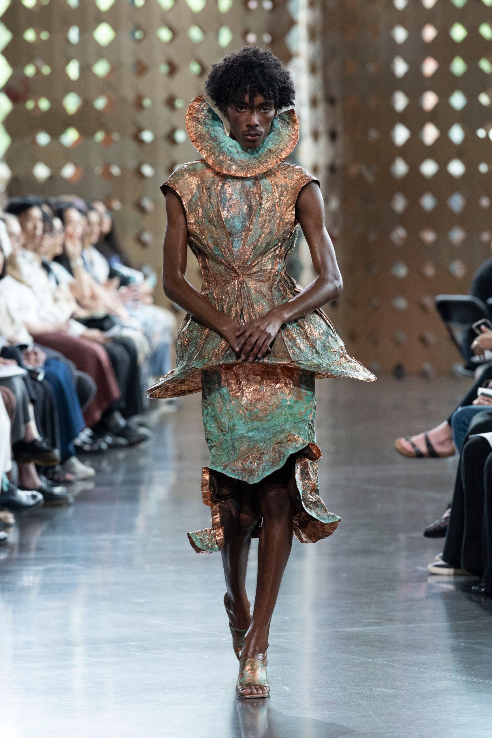 green silk sleeveless high-neck fitted pleated ruffled dress