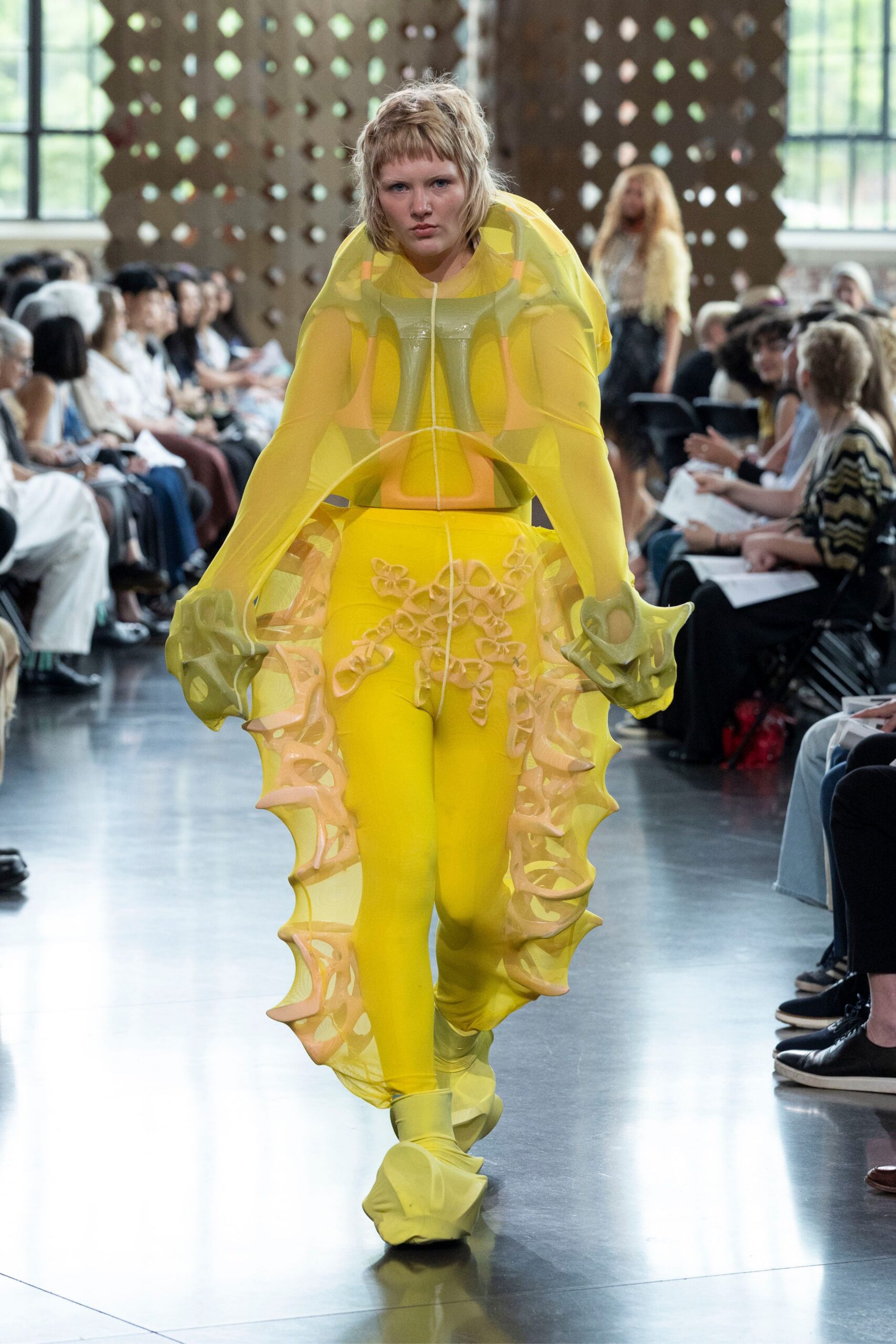 yellow mesh sleeveless high-neck fitted layered ruffled jumpsuit