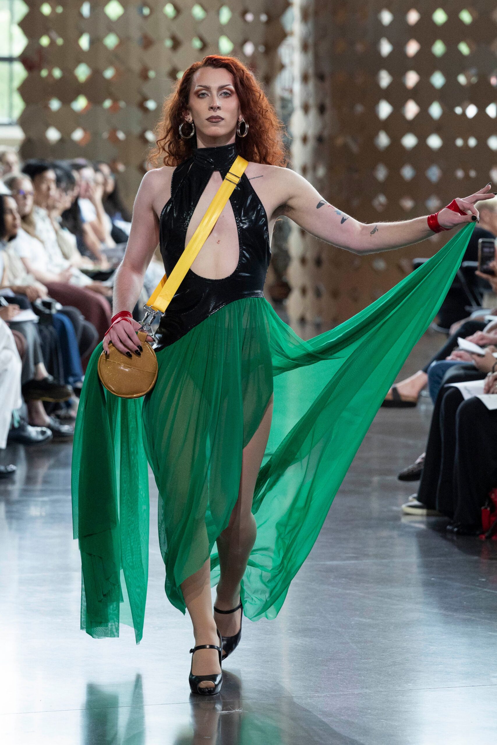 black silk sleeveless high-neck fitted draped tiered dress