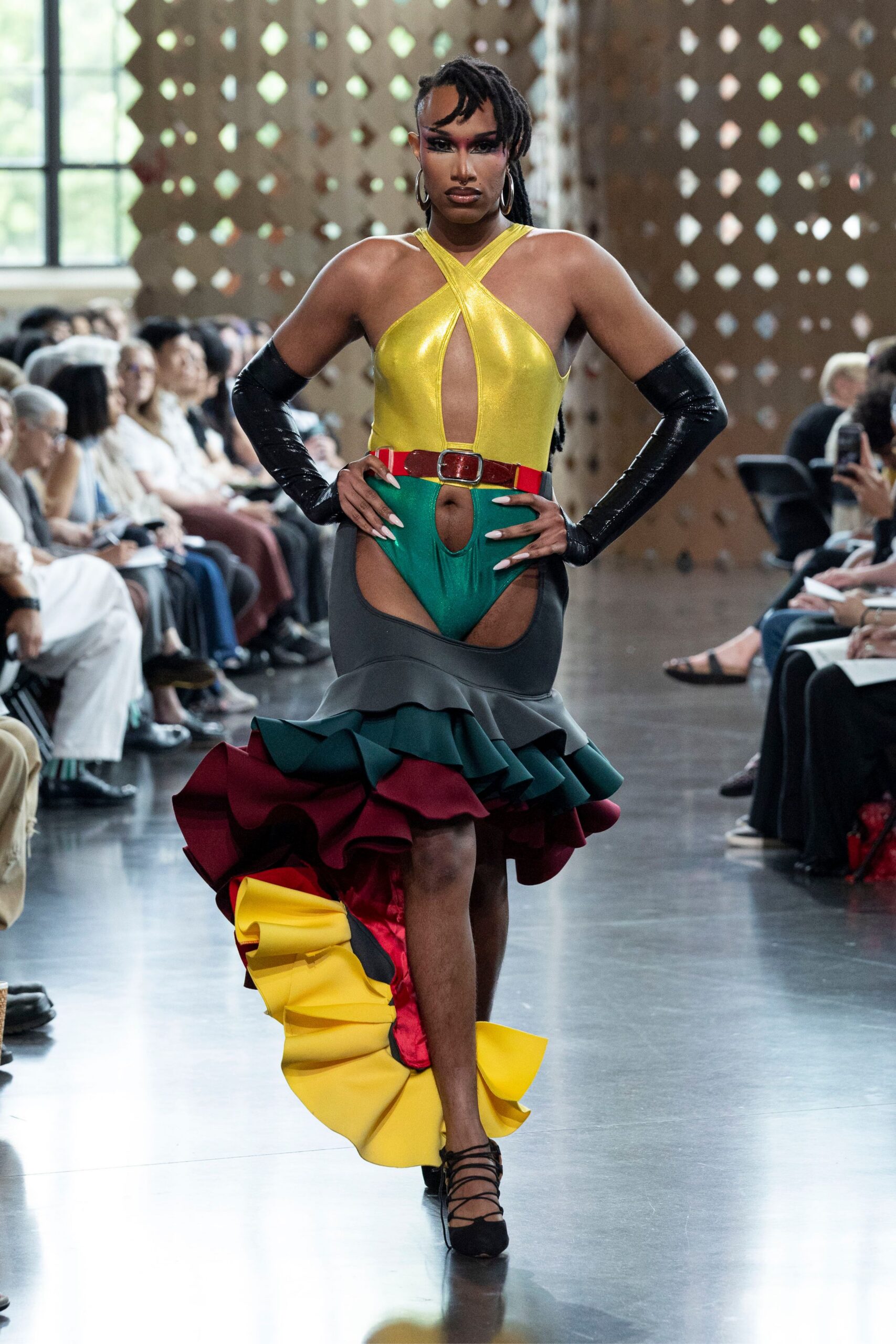 yellow silk sleeveless high-neck fitted ruffled tiered dress