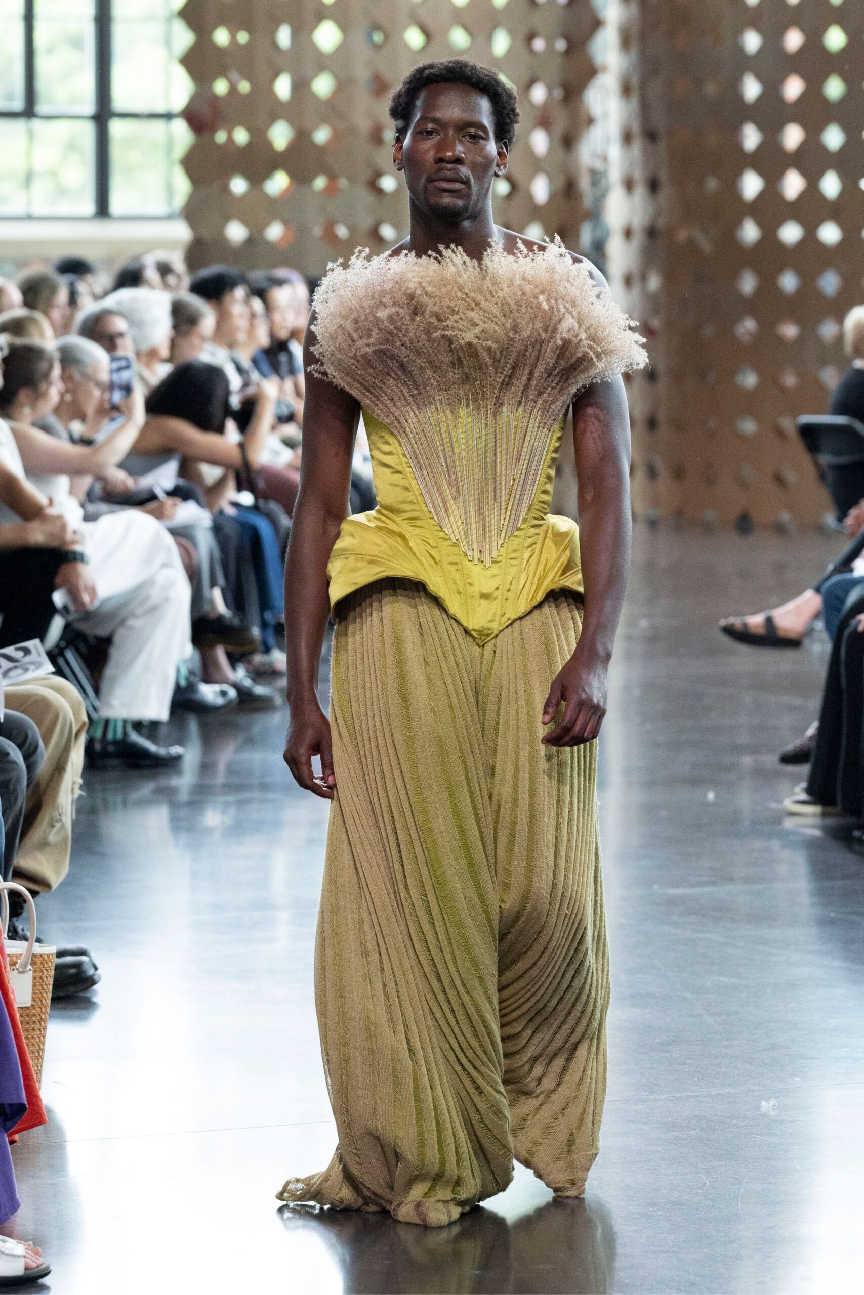 yellow beige pleated gown