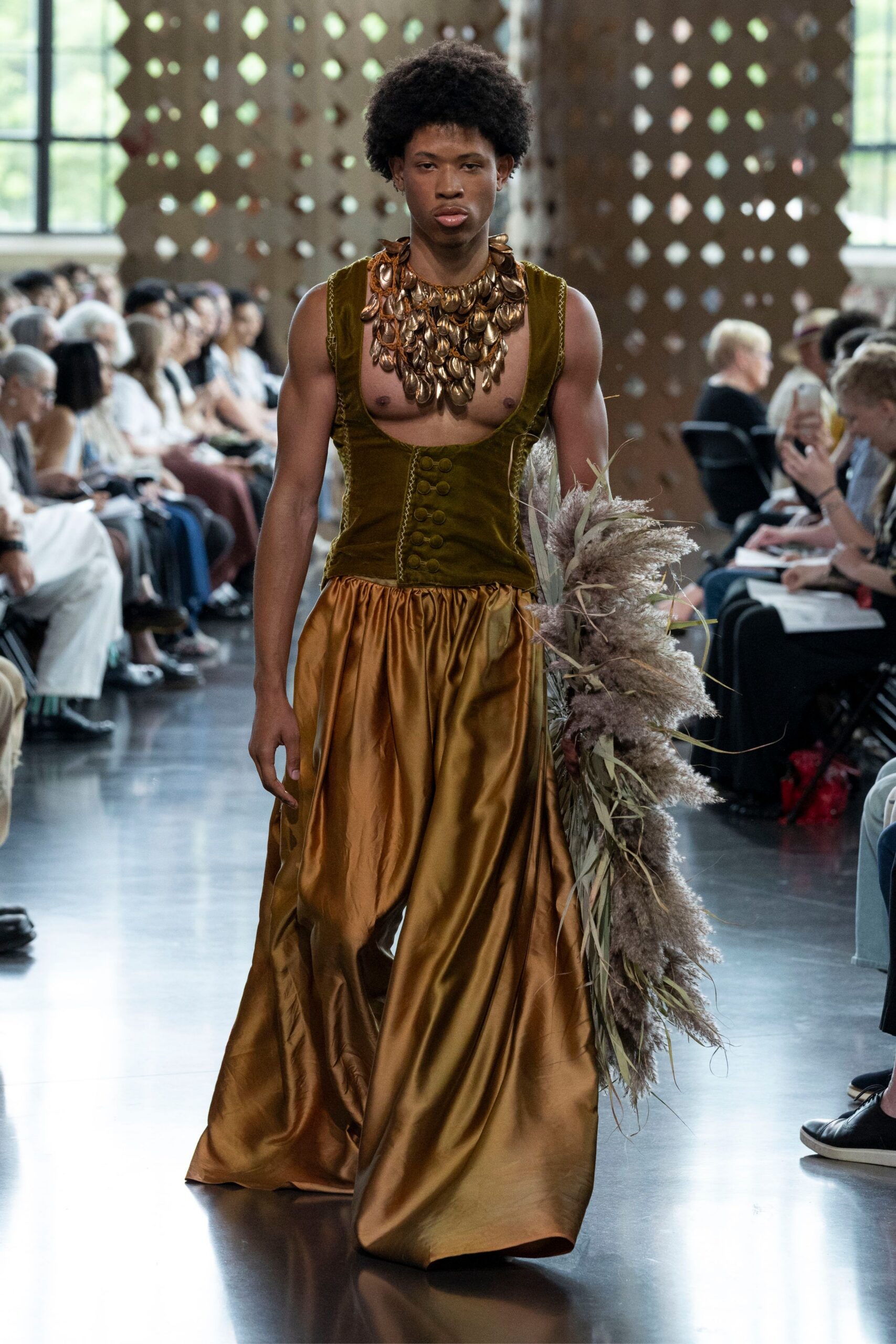 gold silk sleeveless v-neck fitted draped tiered gown