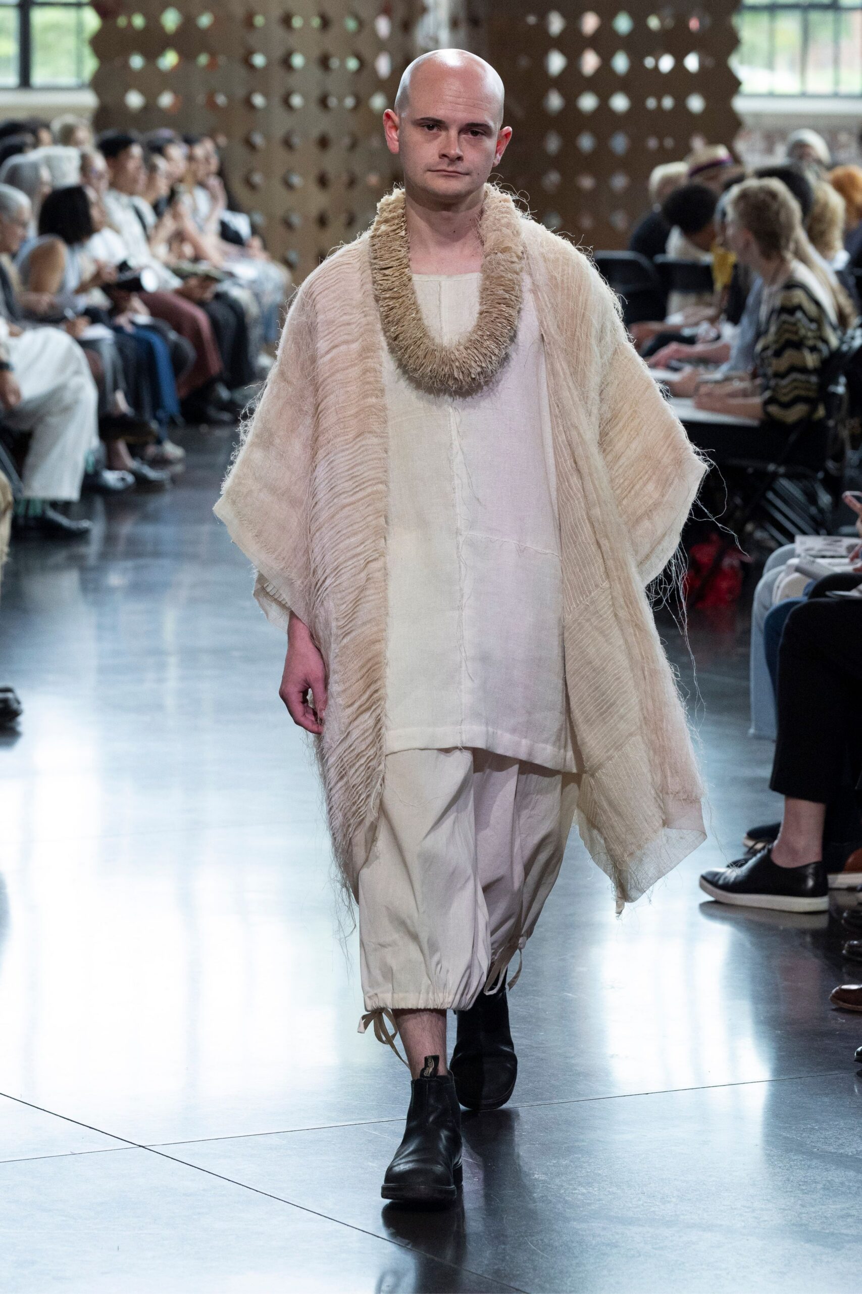 beige linen sleeveless relaxed layered flowing poncho