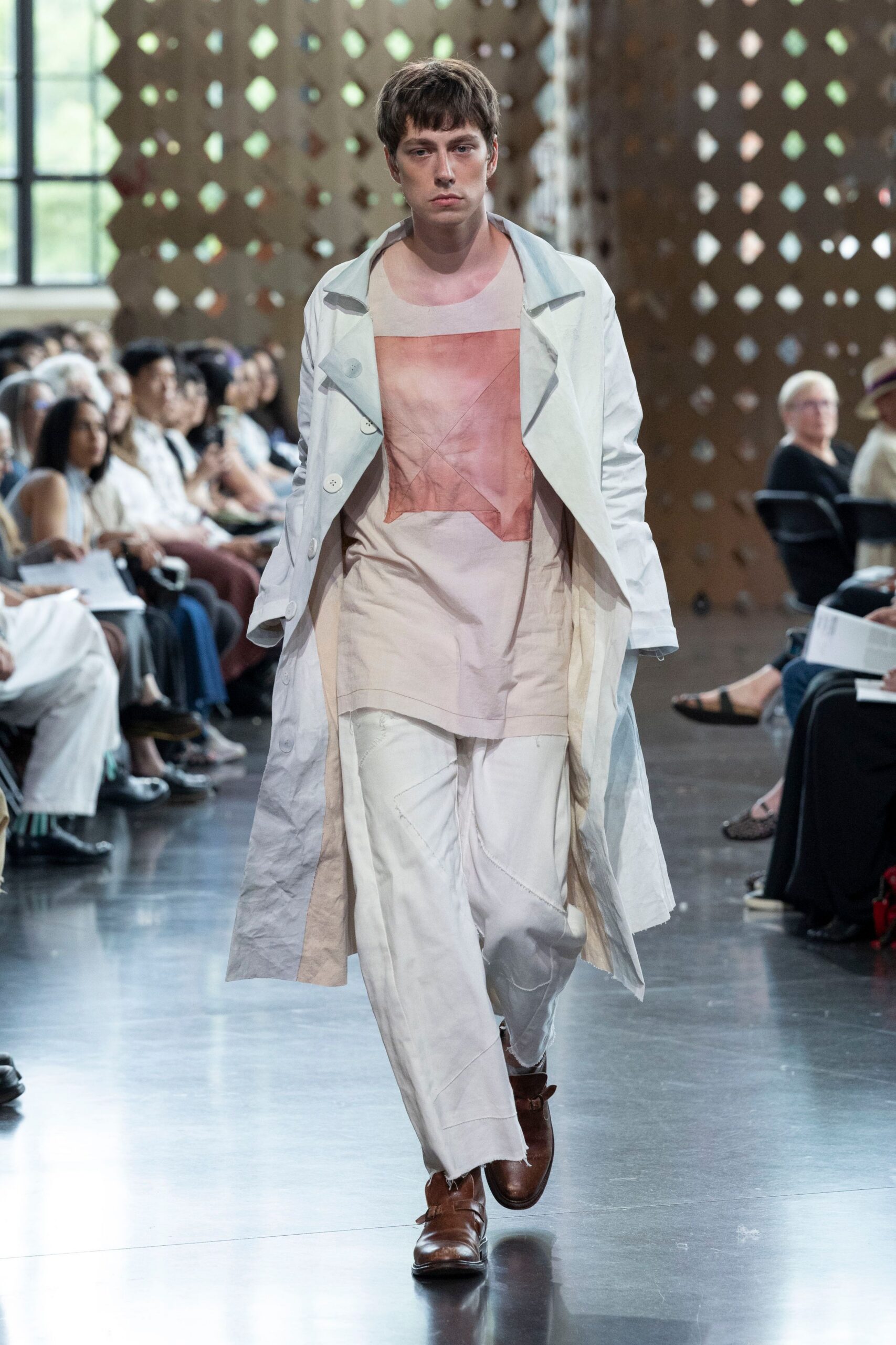 white cotton long-sleeve collared relaxed buttoned layered trench