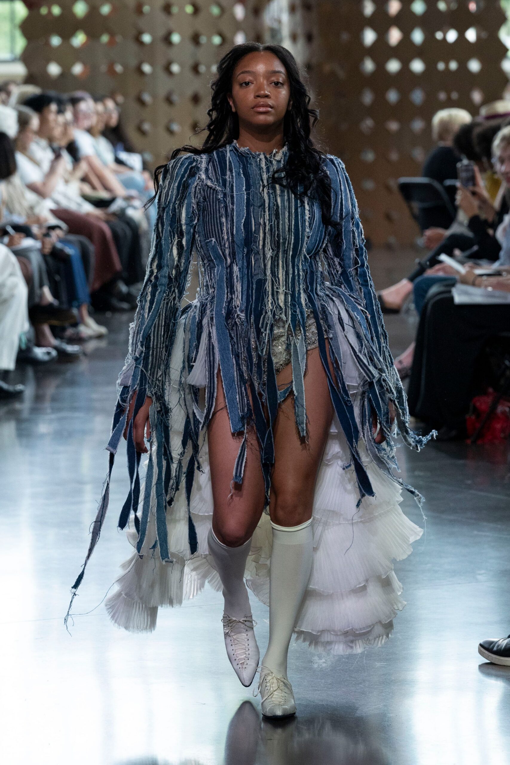 blue cotton long-sleeve v-neck fitted fringed layered dress