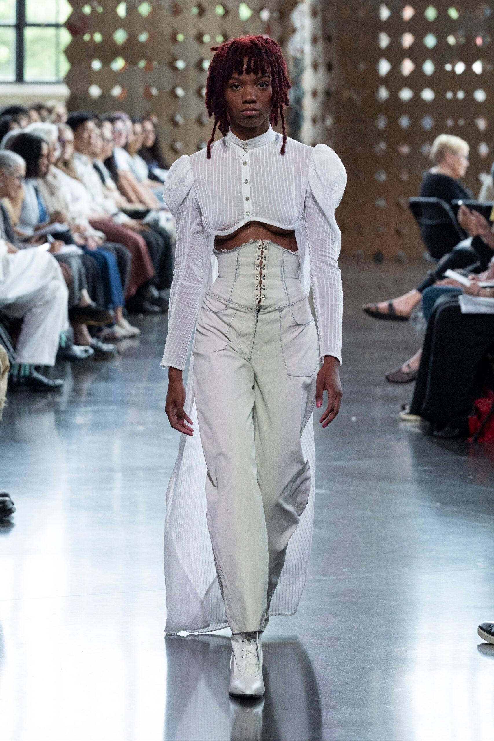 white cotton long-sleeve collared fitted padded buttoned top