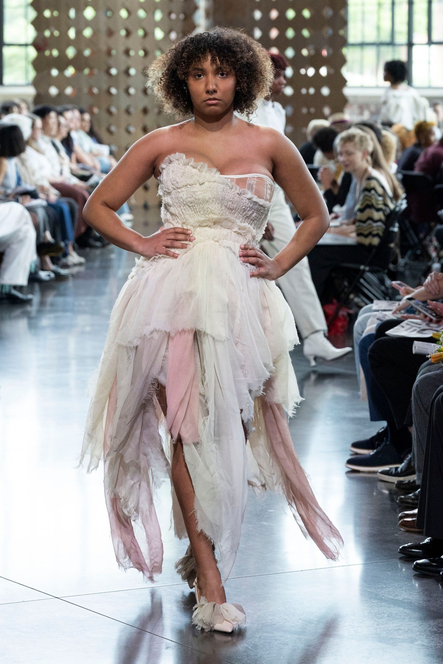white silk strapless asymmetric fitted ruffled layered dress