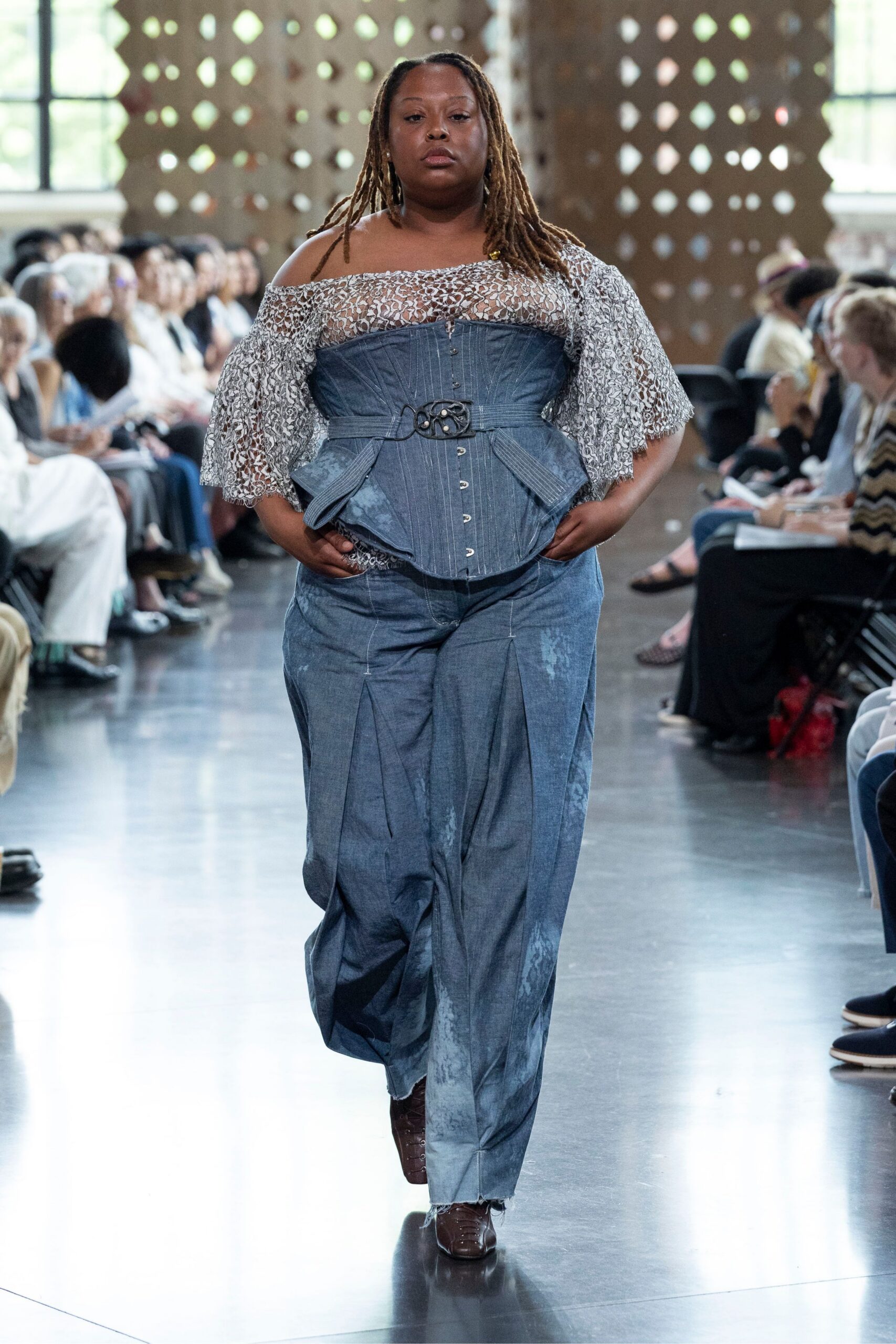 blue denim off-shoulder short-sleeve fitted zippered distressed jumpsuit