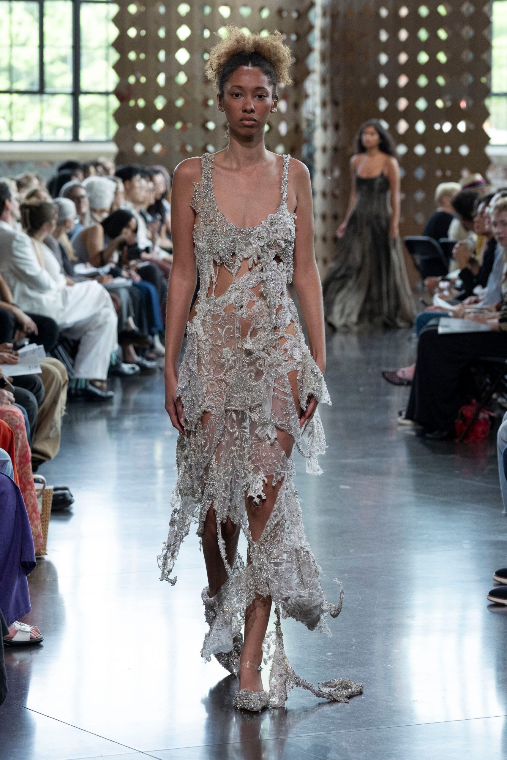 gray lace sleeveless v-neck fitted embroidered layered dress