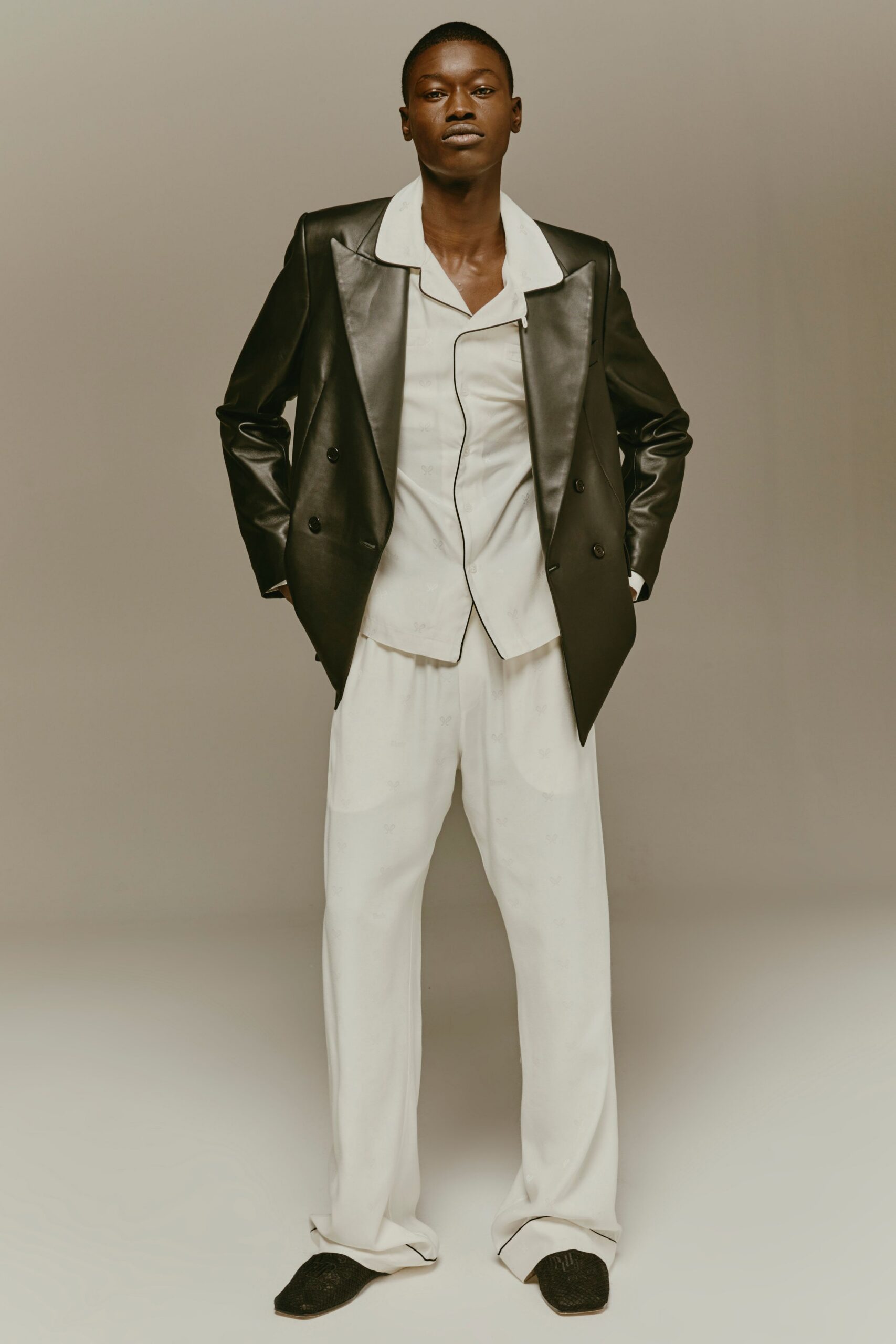 black leather long-sleeve collared structured blazer