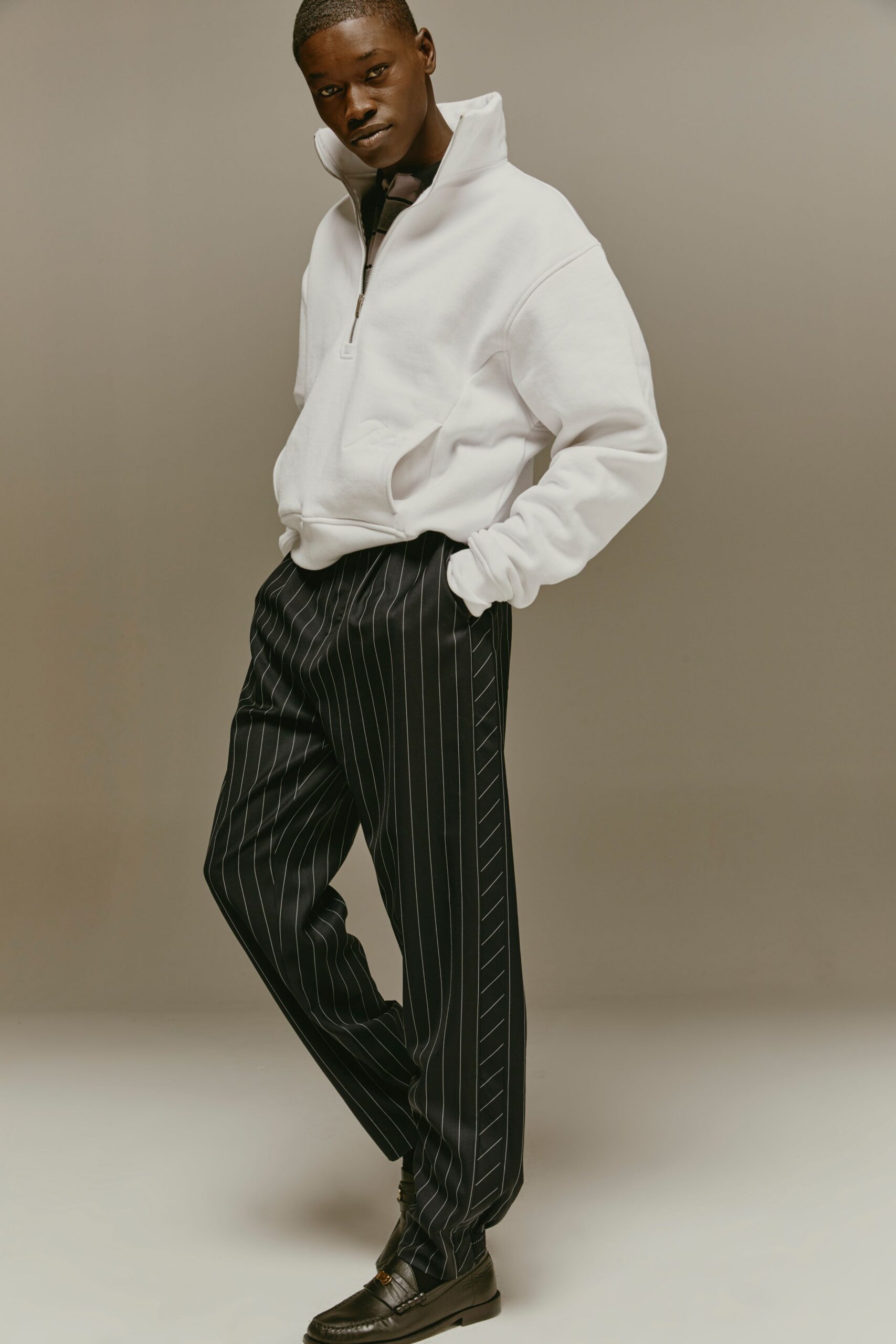 white relaxed hoodie with tailored pants