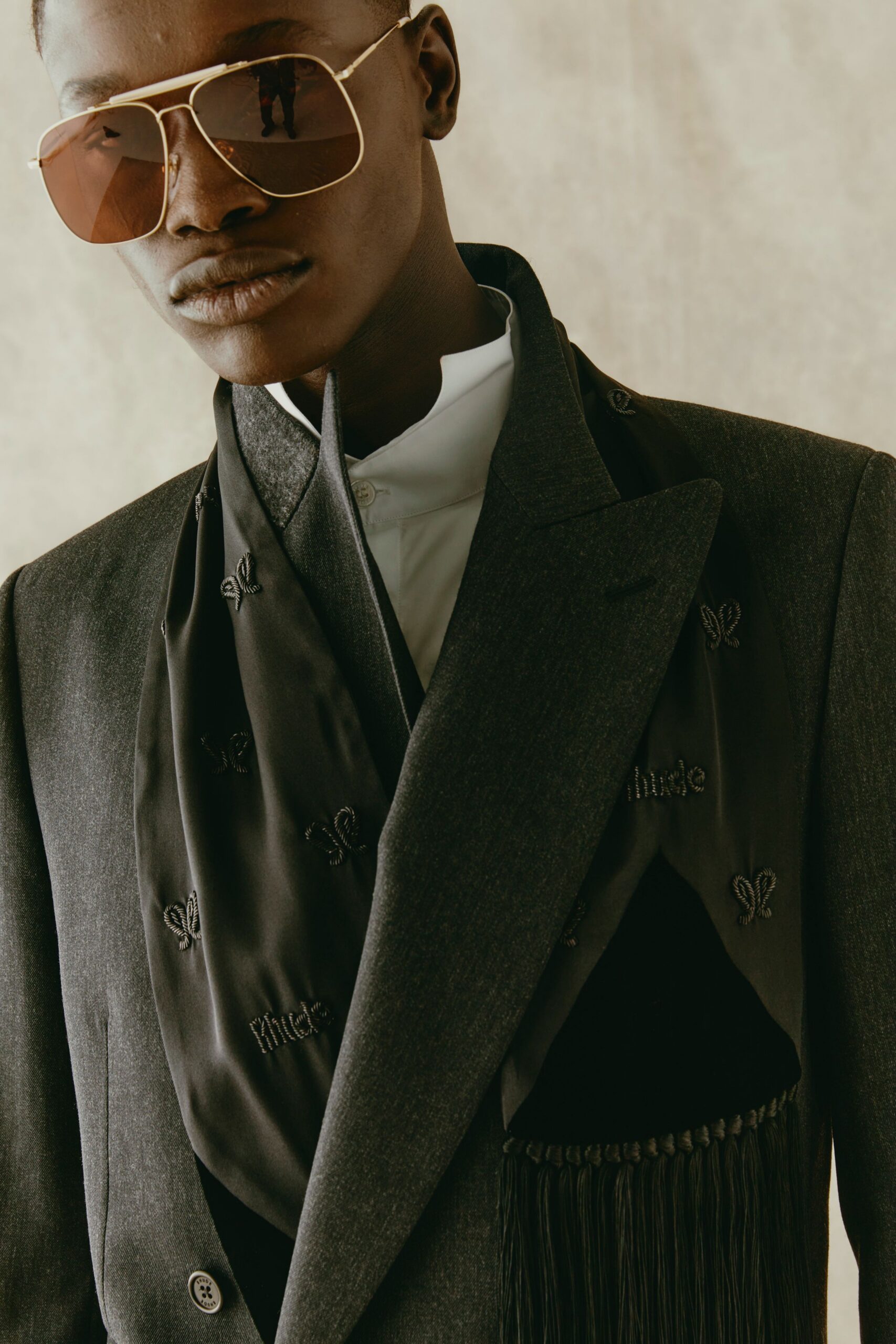 gray wool blazer with white shirt