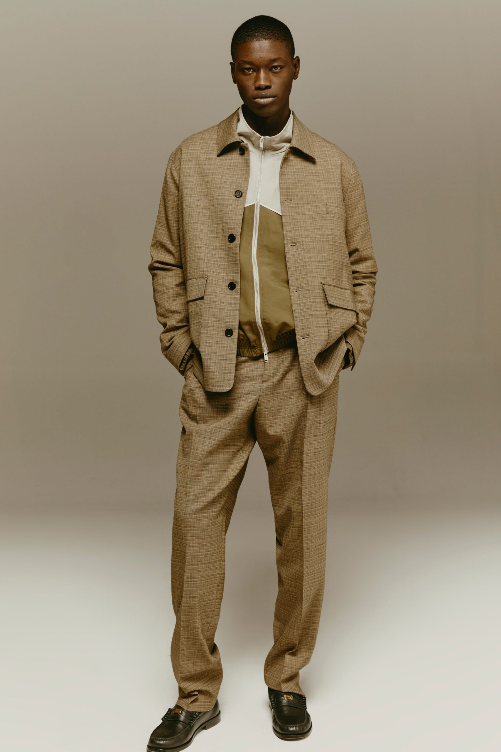beige cotton long-sleeve collared structured checked buttoned jacket