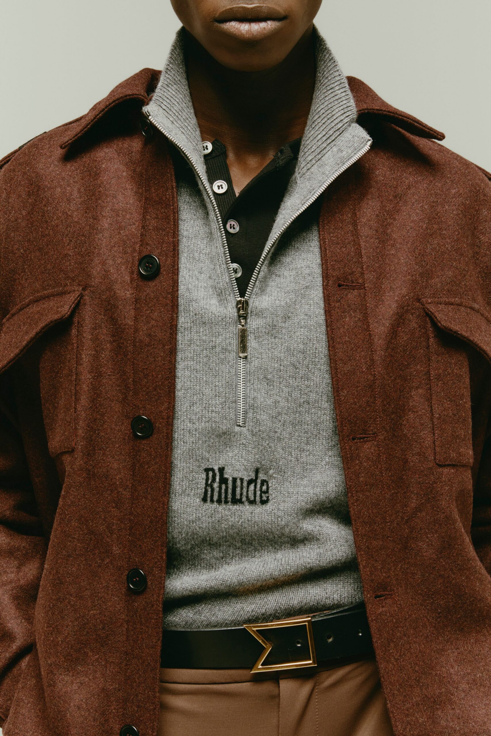 brown wool long-sleeve collared relaxed buttoned jacket
