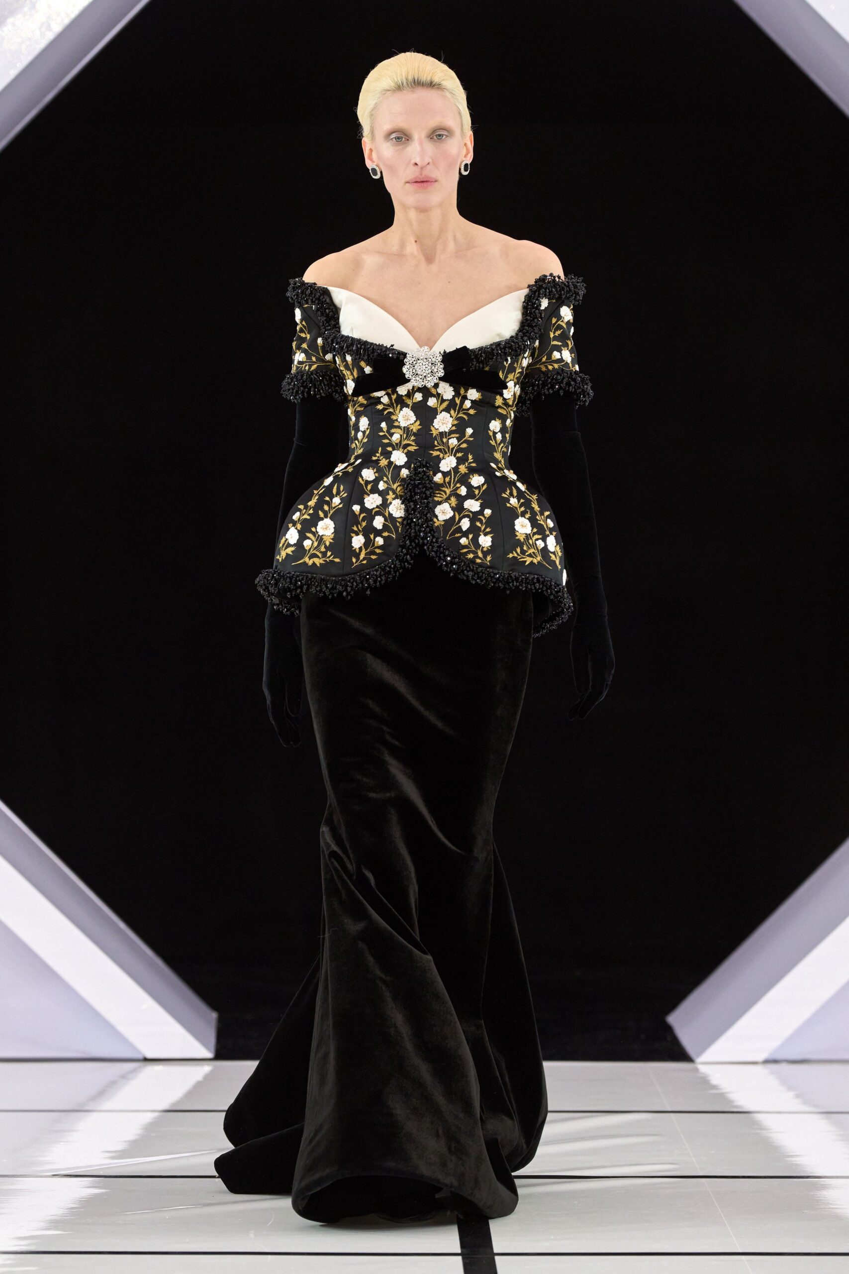 black velvet off-shoulder fitted embroidered flared maxi gown