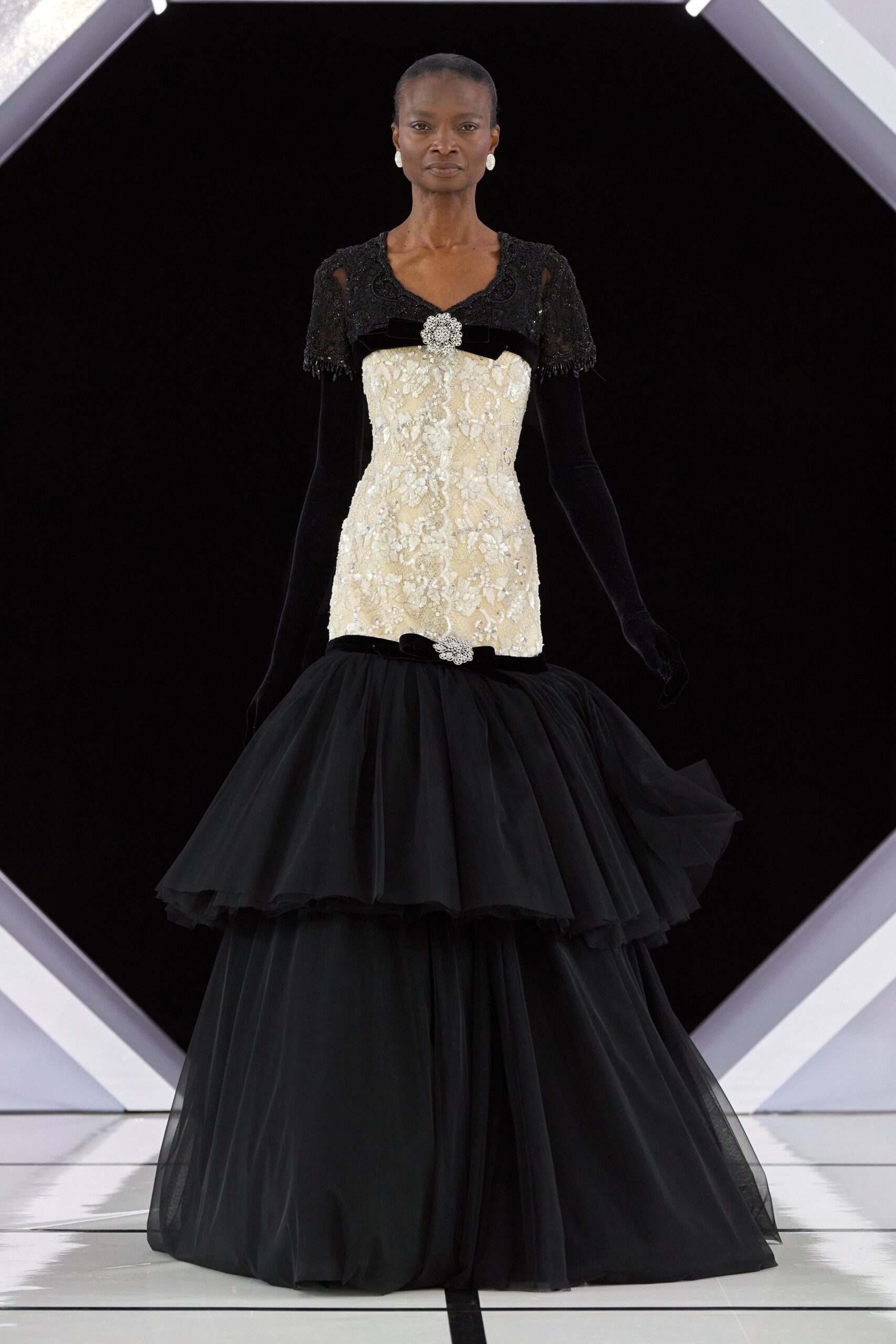 black and beige embroidered gown