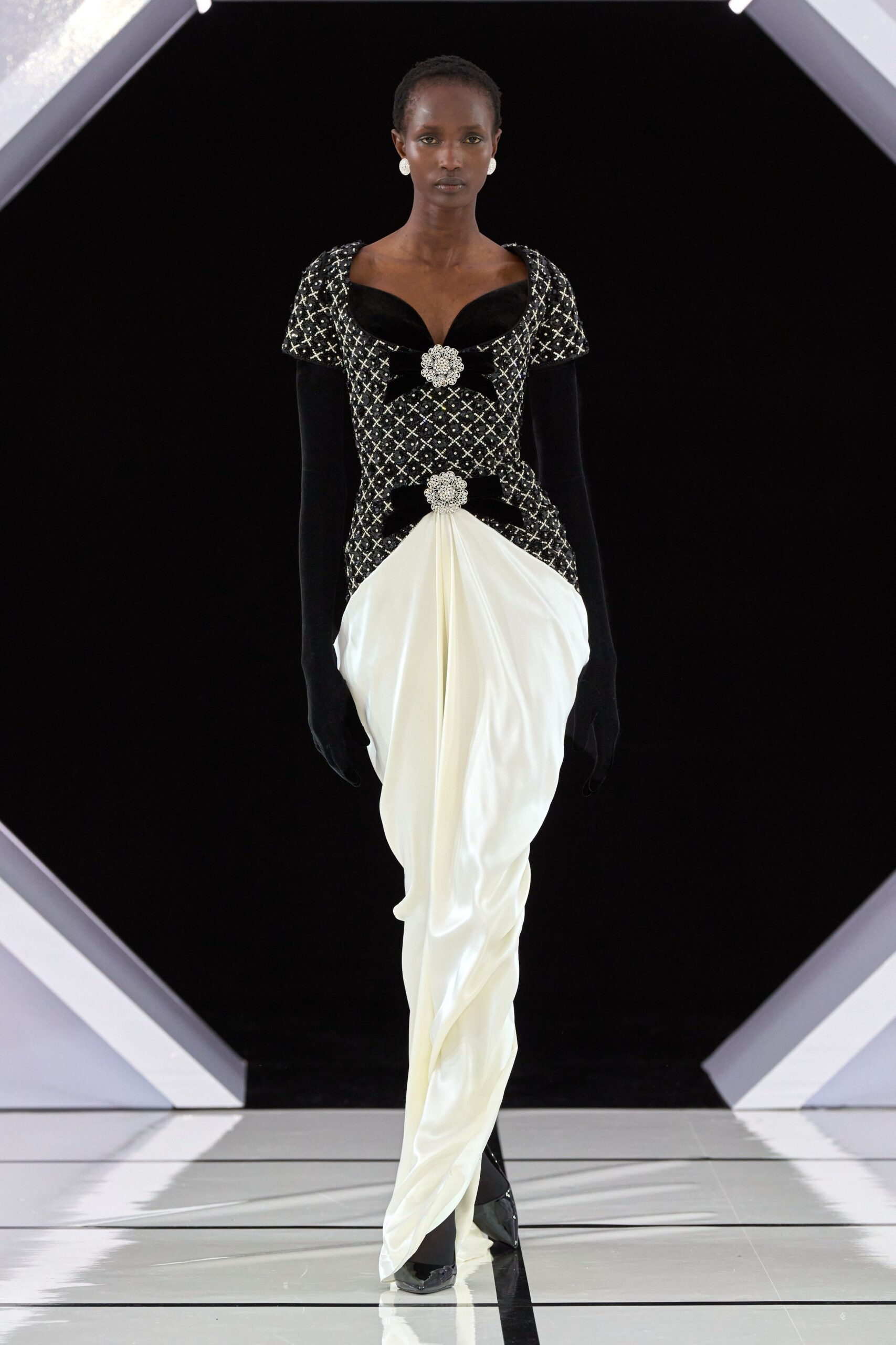 black and white embroidered gown