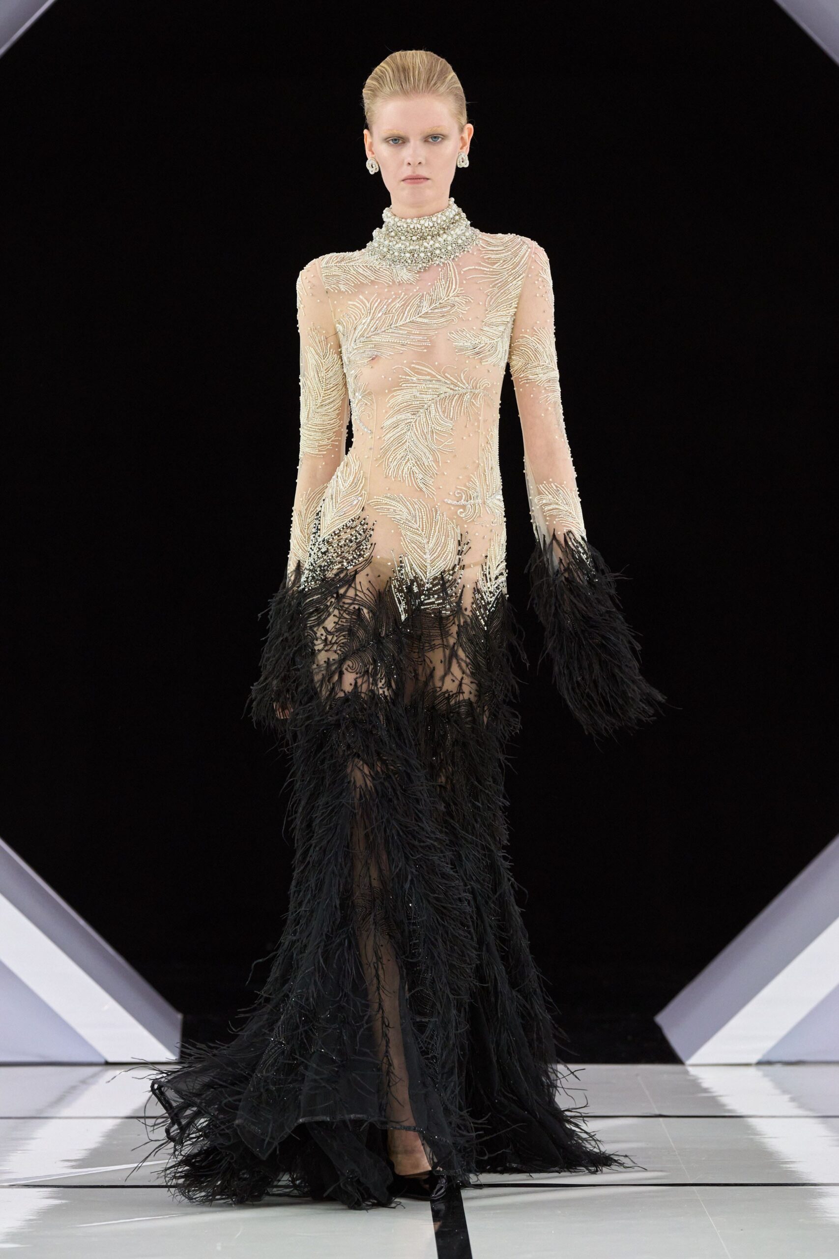 black and beige embellished gown