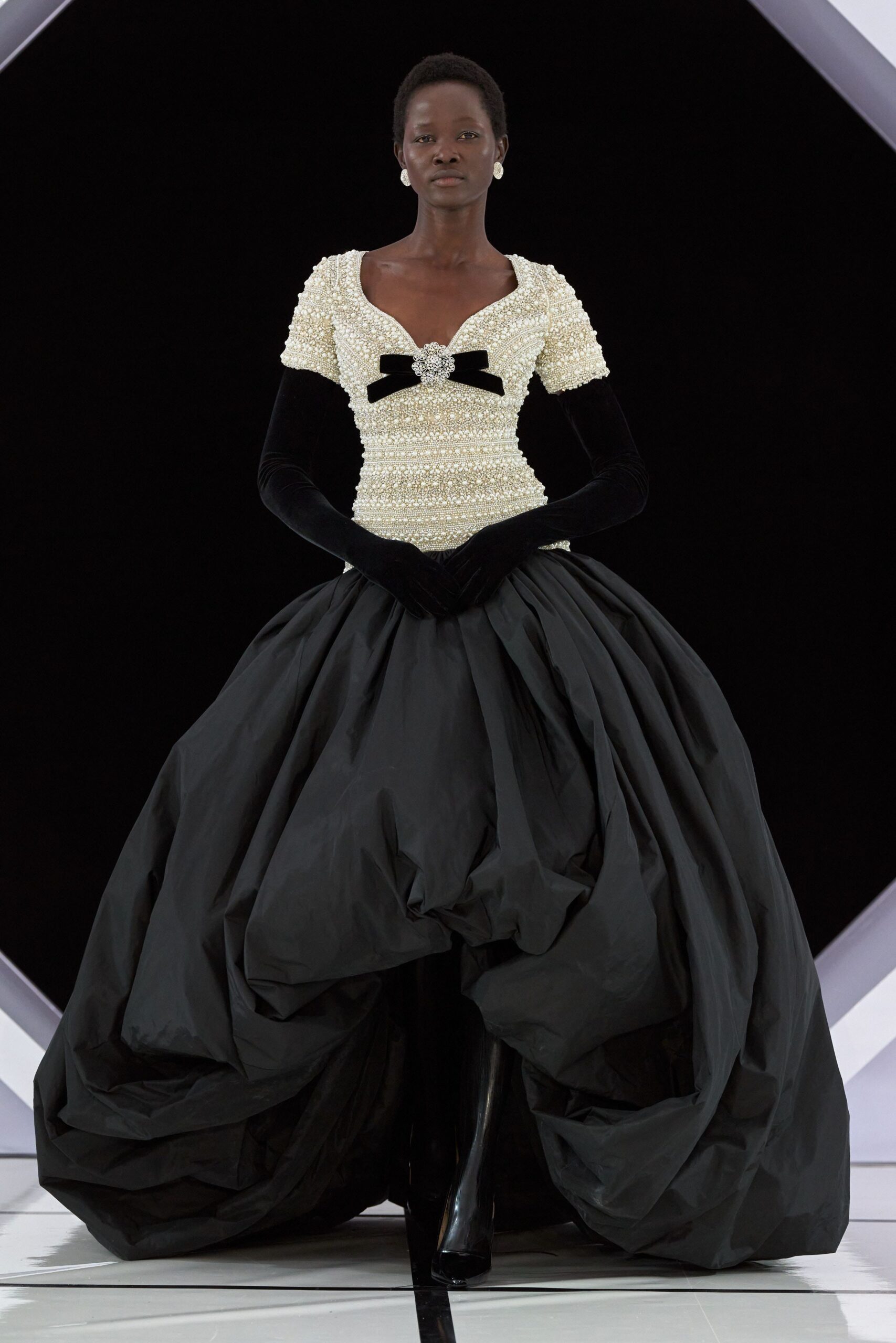 black and white embellished gown