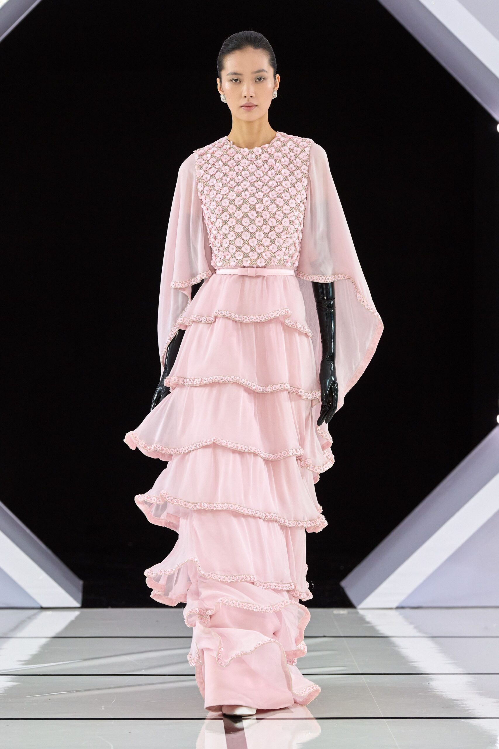 pink chiffon ruffled gown