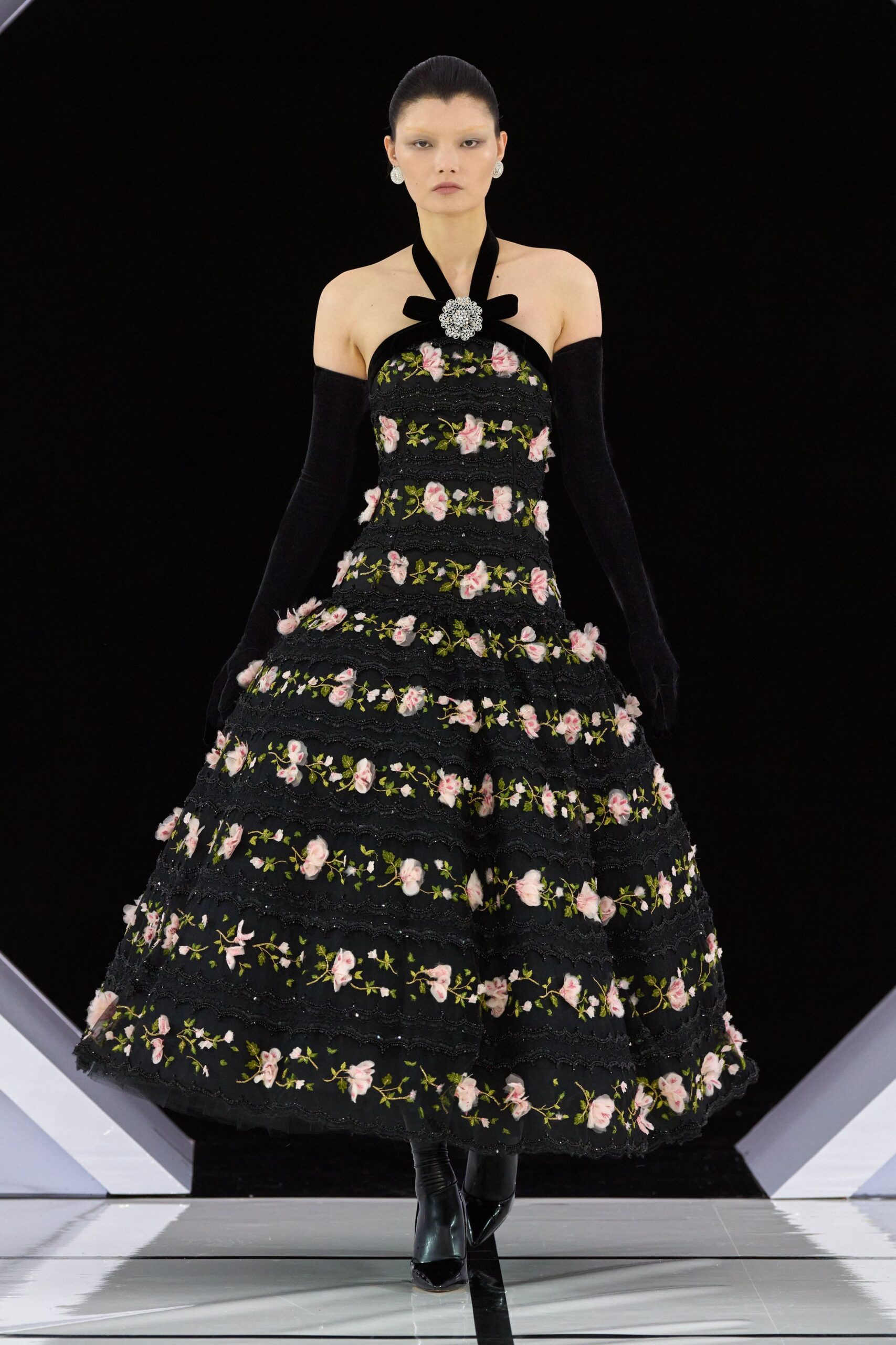 black lace strapless fitted flared embroidered maxi gown