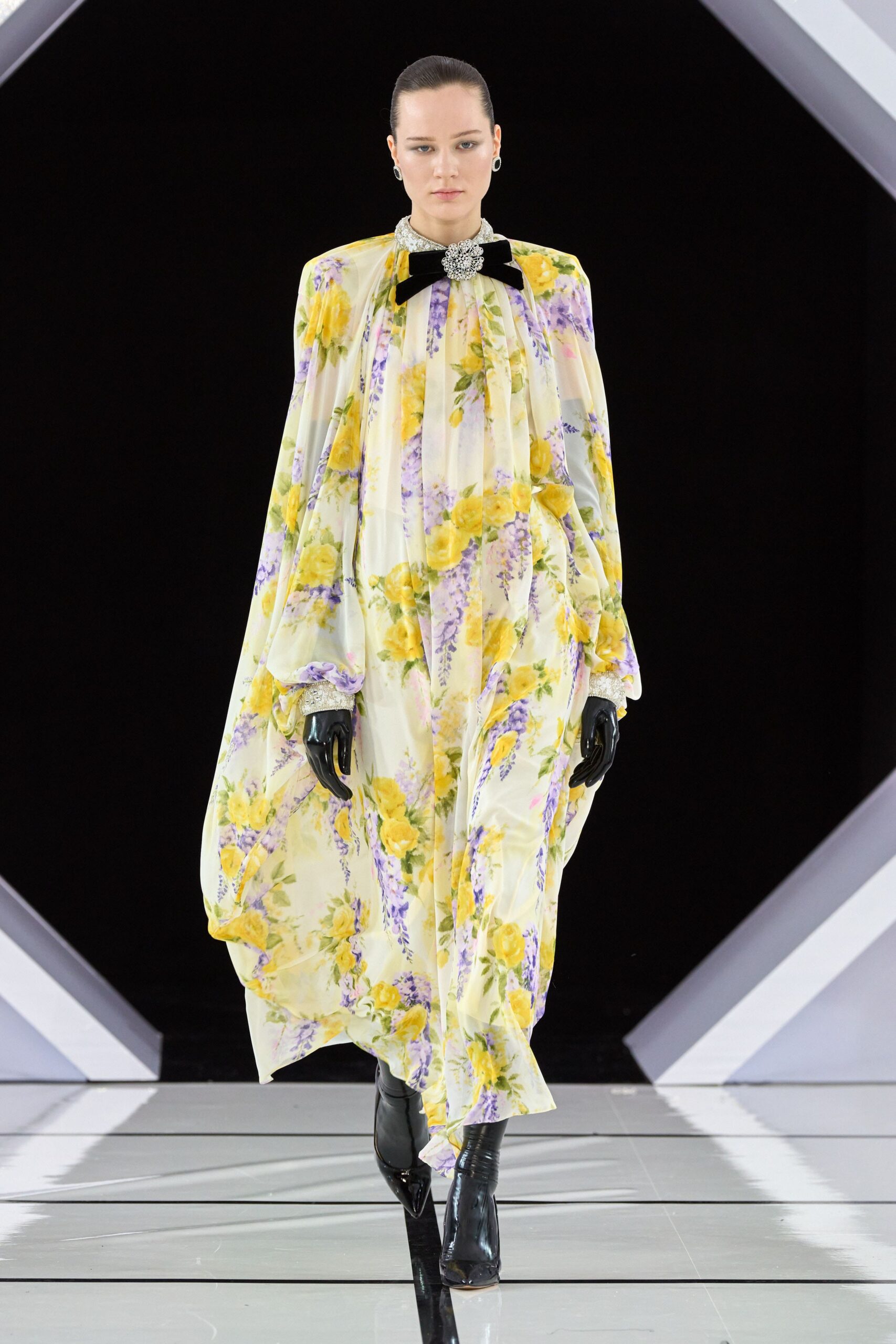 yellow silk long-sleeve high-neck relaxed floral draped gown