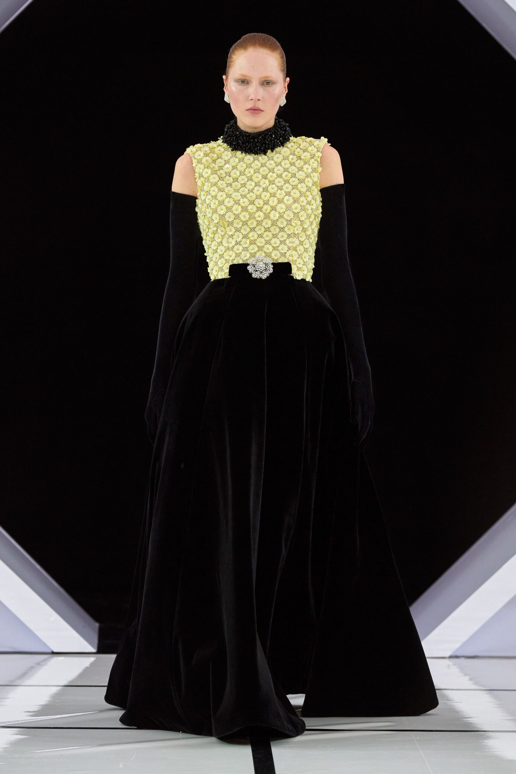black and yellow embellished gown