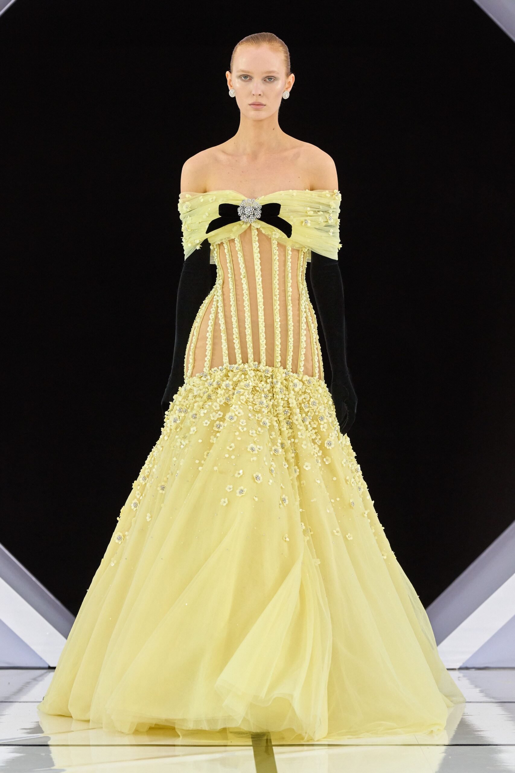 yellow tulle off-shoulder fitted embellished tiered flowing gown
